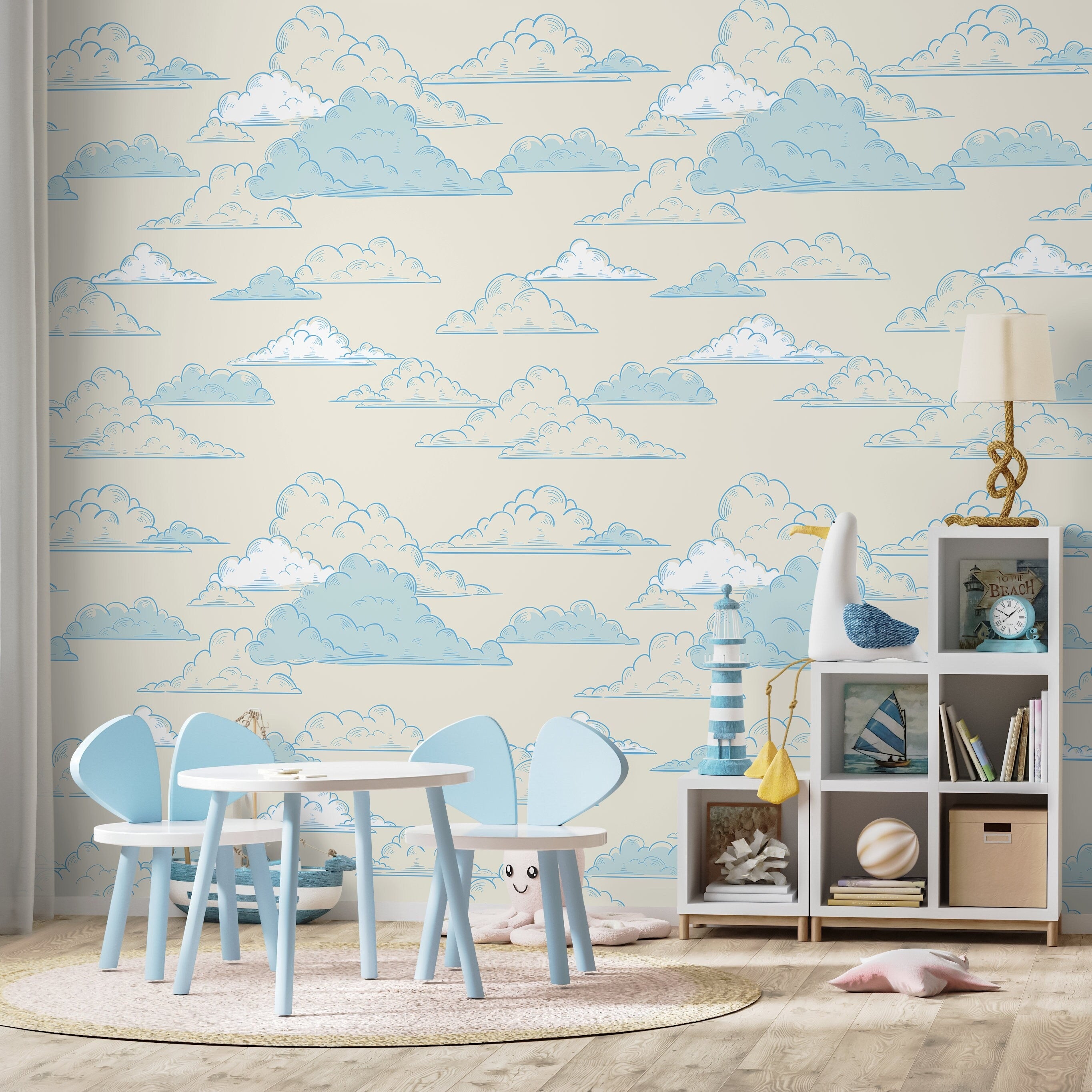 Clouds Wallpaper With A Hand-drawn Motif In Blue And Beige - A579