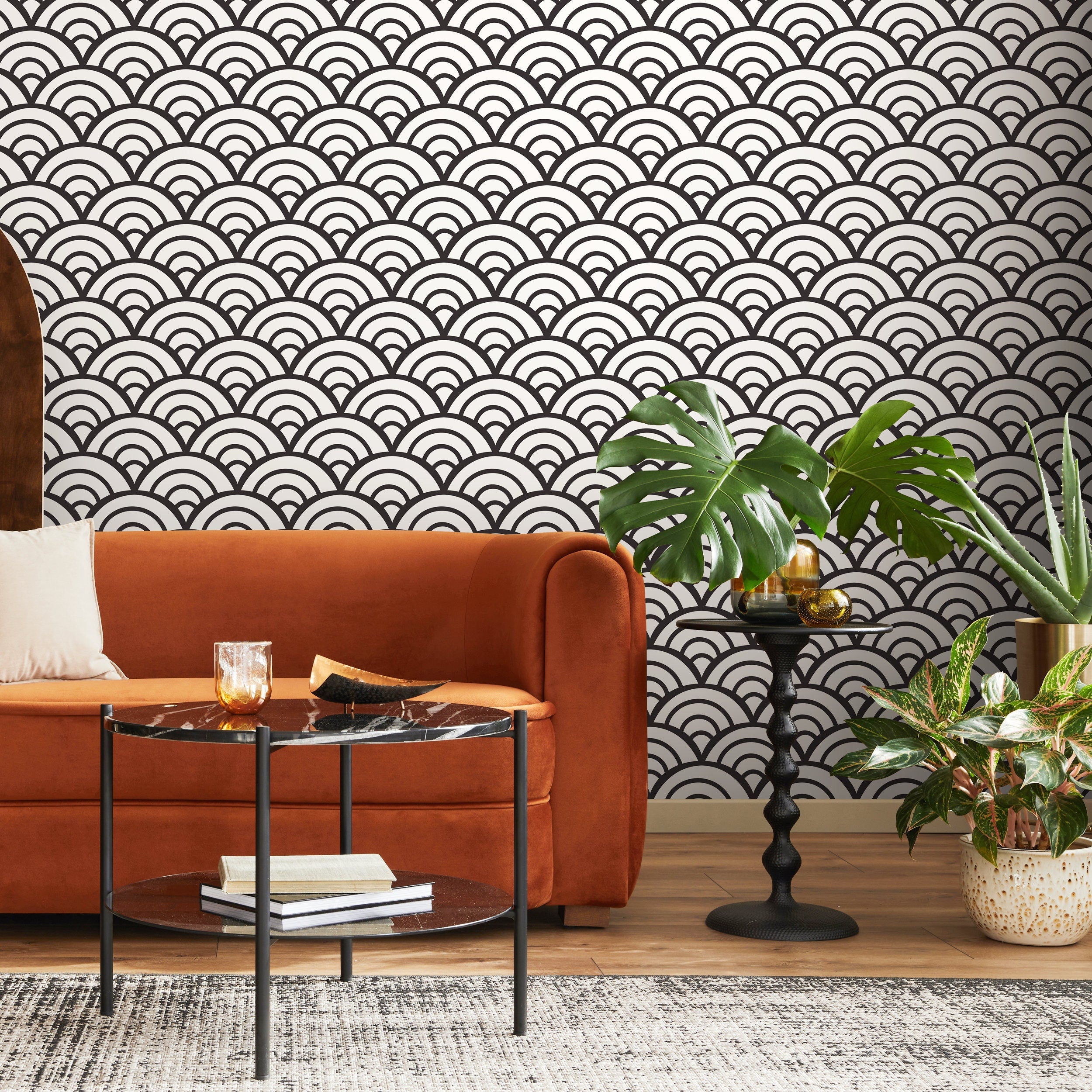 Geometric Wallpaper With A Japanese Wave Pattern In Black And White - A590