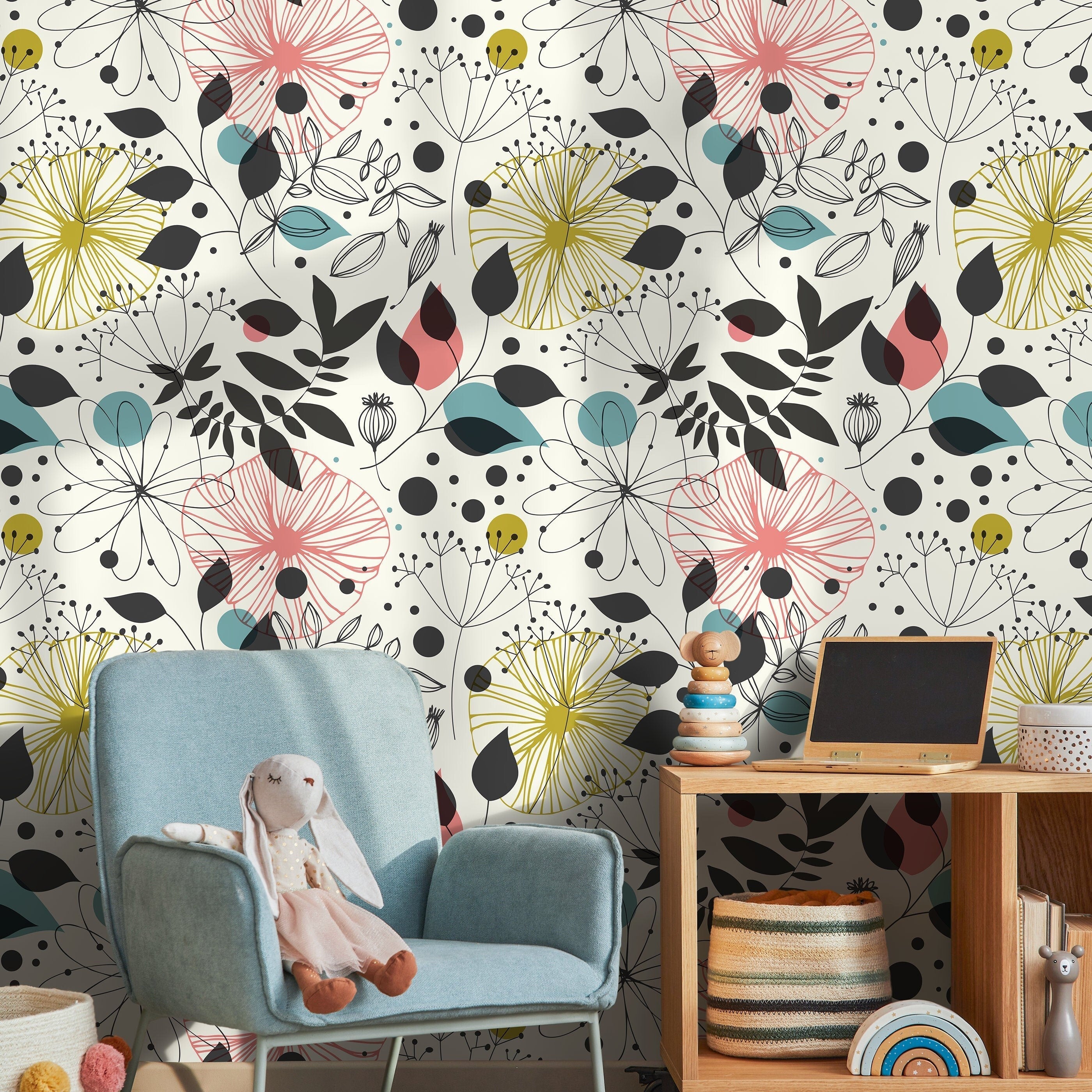 Floral Wallpaper With Abstract Scandinavian Blooms In Pink, Yellow, And Teal - A591