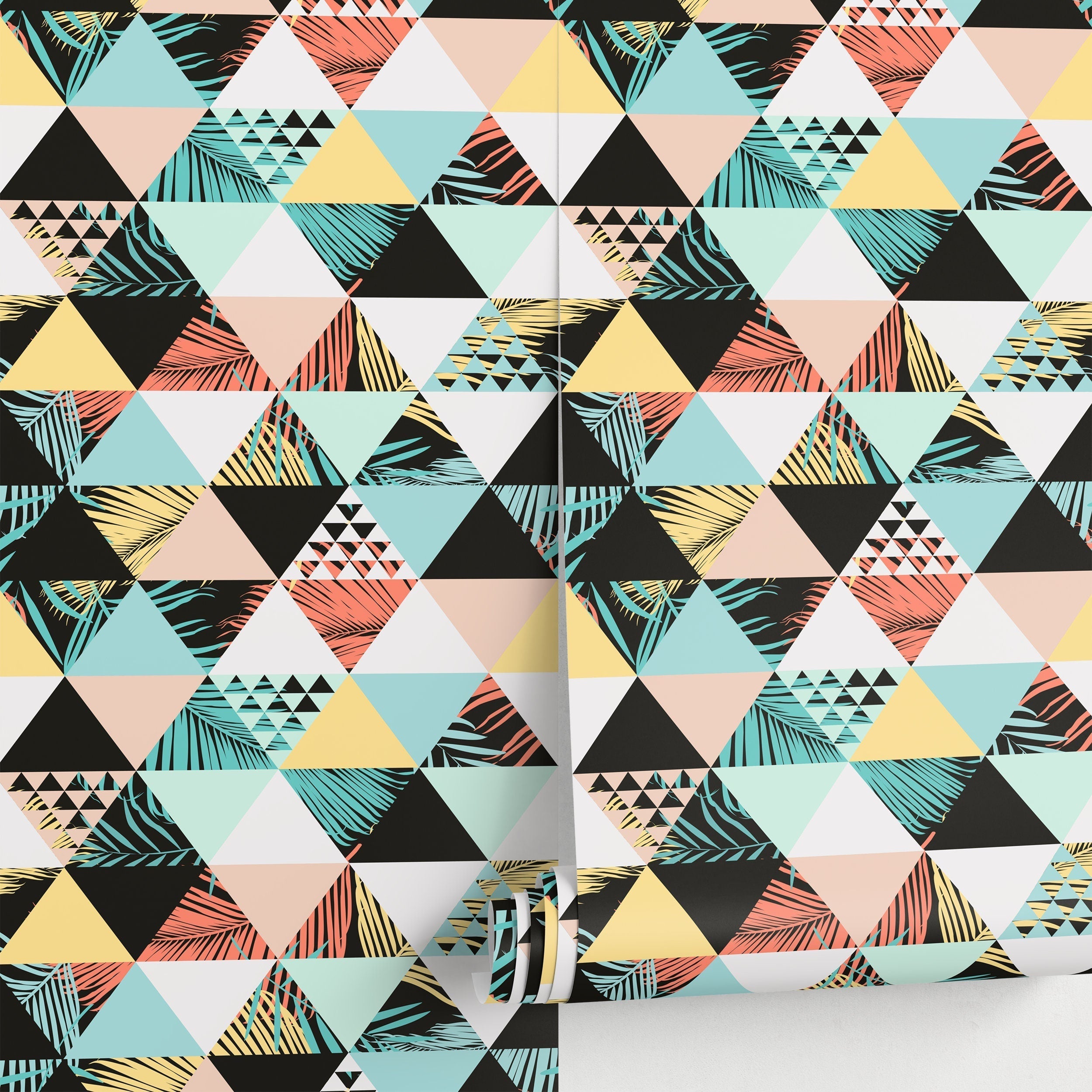 Geometric Wallpaper With A Tropical Triangle Motif In Teal, Coral, And Yellow - A599