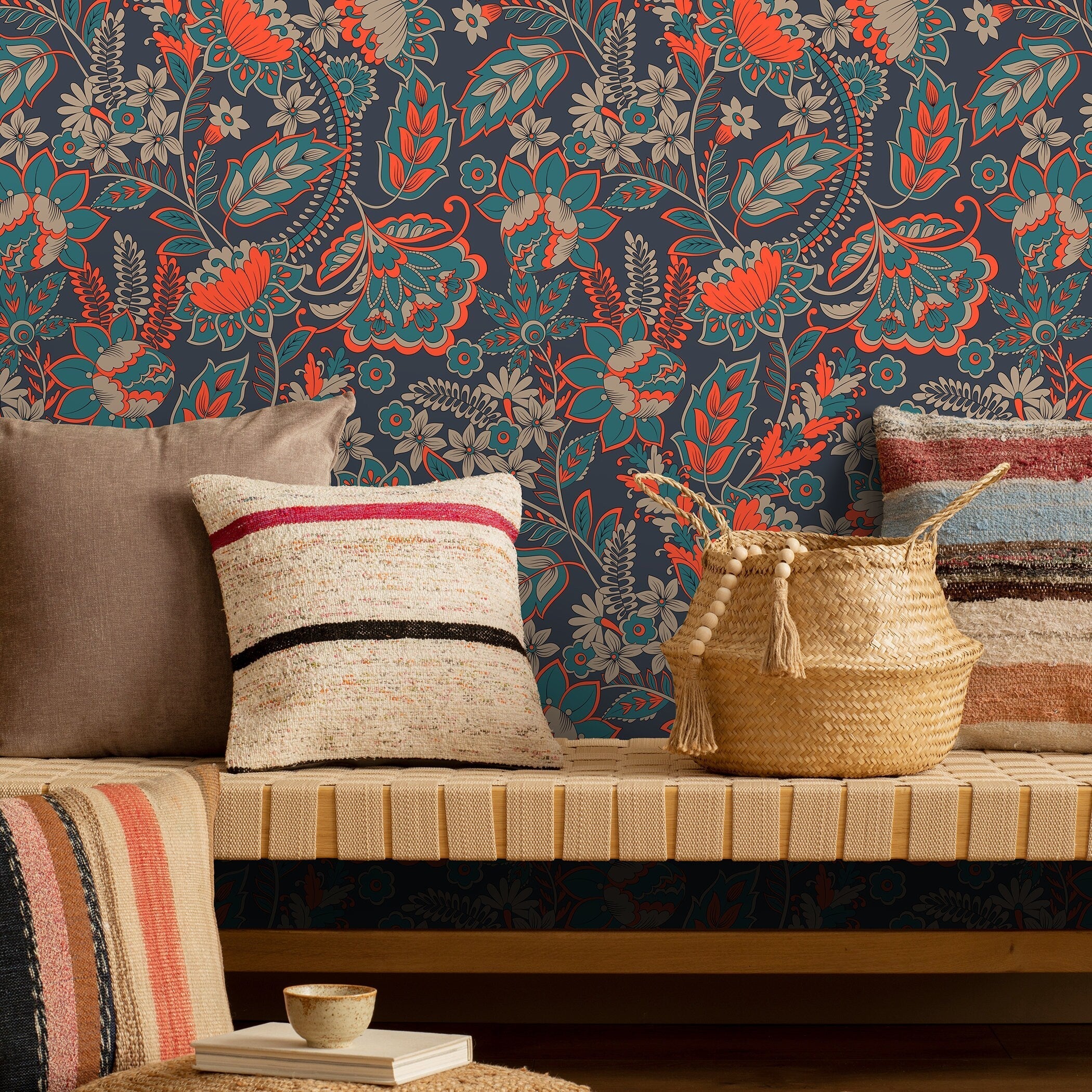 Floral Wallpaper With A Vintage Damask Motif In Orange And Teal - A625