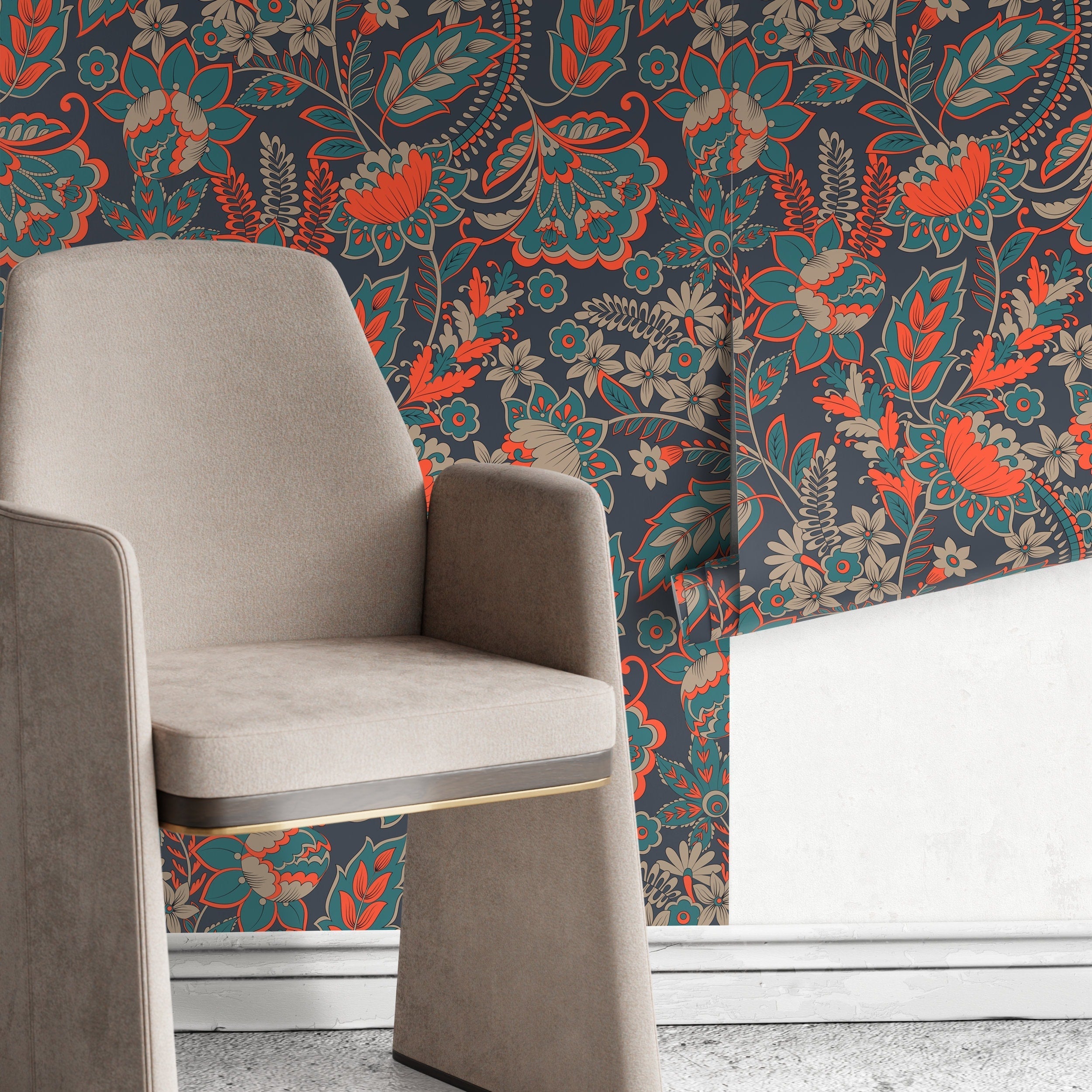 Floral Wallpaper With A Vintage Damask Motif In Orange And Teal - A625