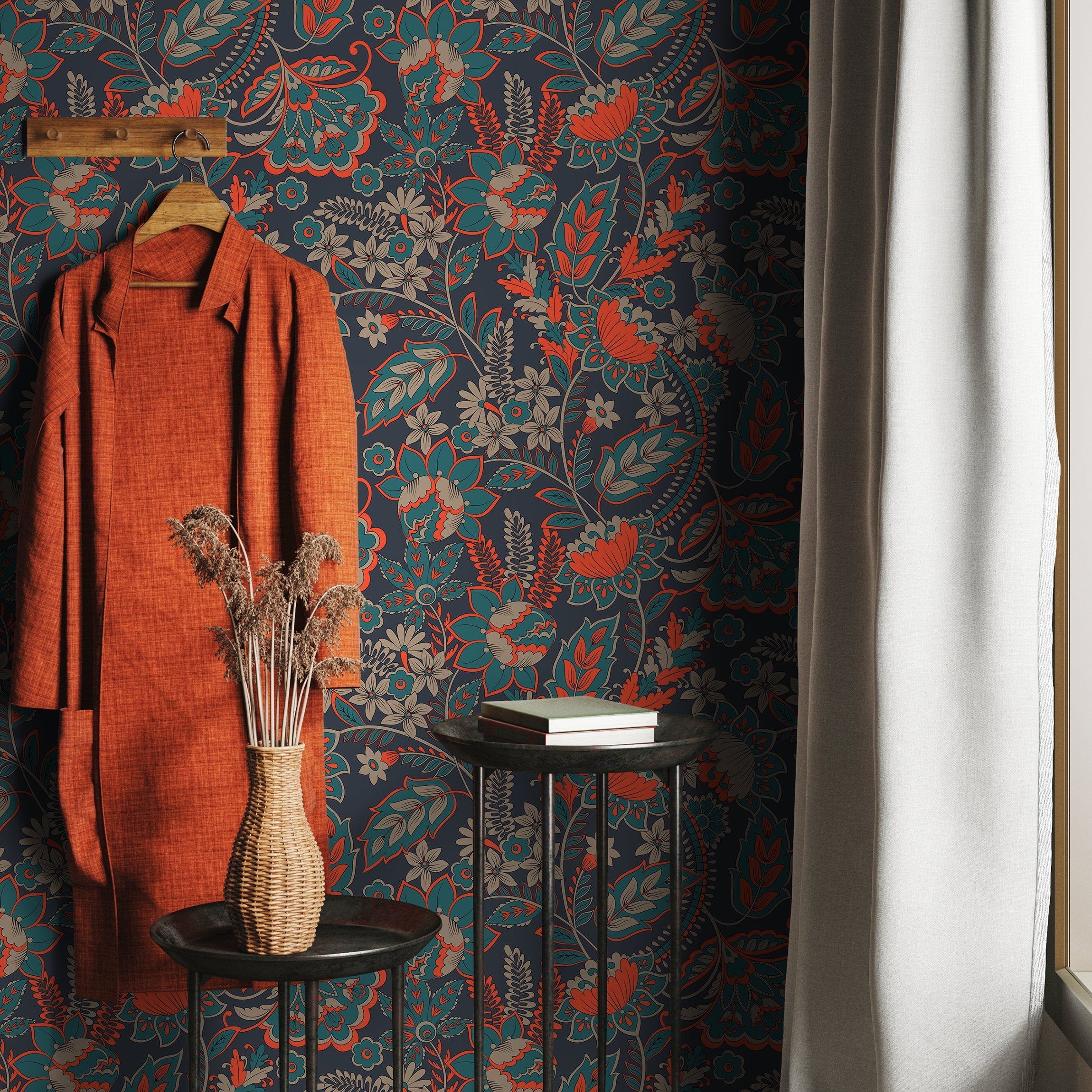 Floral Wallpaper With A Vintage Damask Motif In Orange And Teal - A625