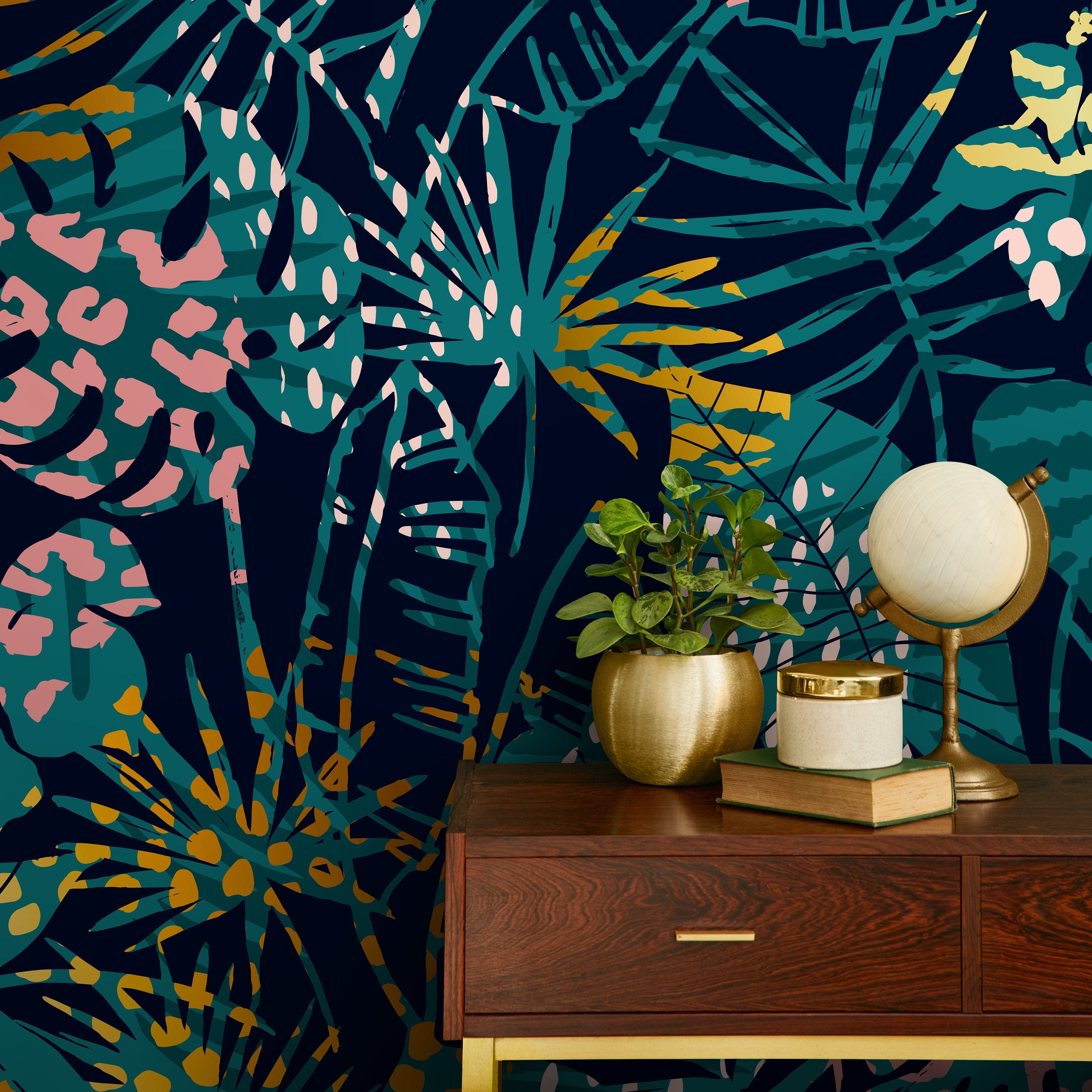 Tropical Wallpaper With Animal Print Leaves In Teal, Pink, And Gold - A782