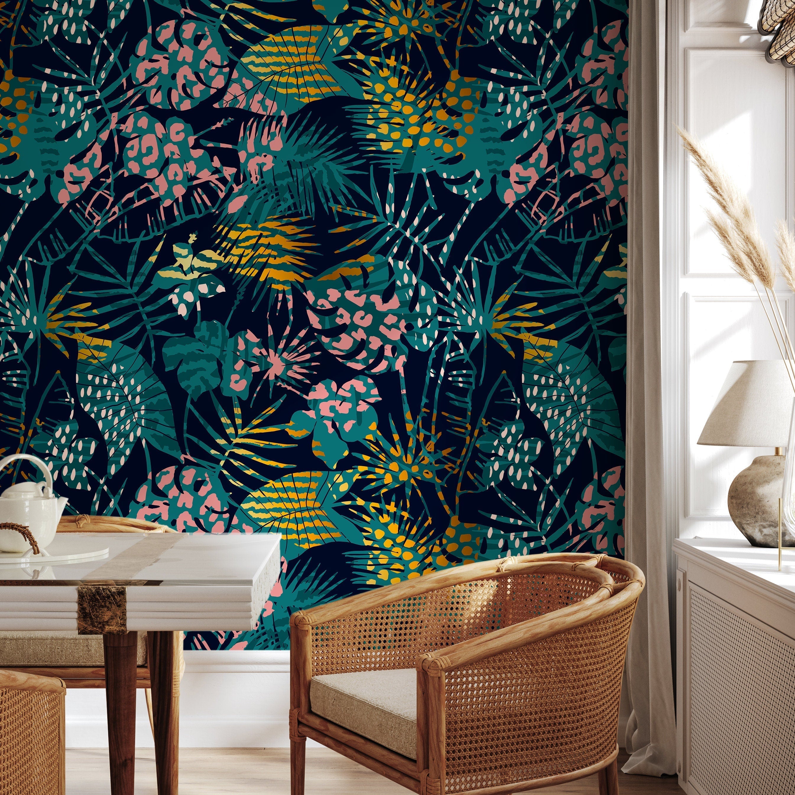 Tropical Wallpaper With Animal Print Leaves In Teal, Pink, And Gold - A782