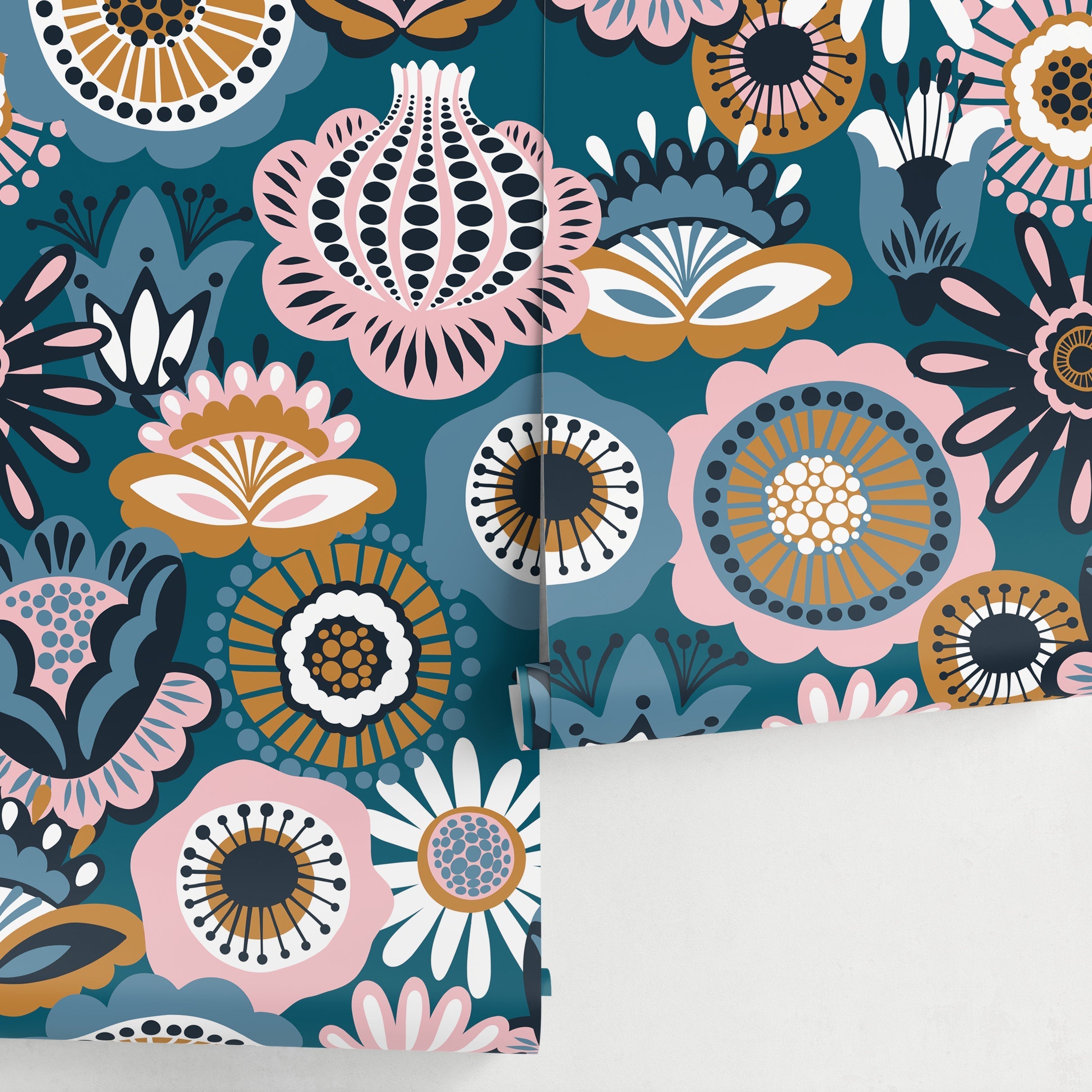 Floral Wallpaper With A Scandinavian Folk Art Motif In Teal, Pink, And Ochre - A785