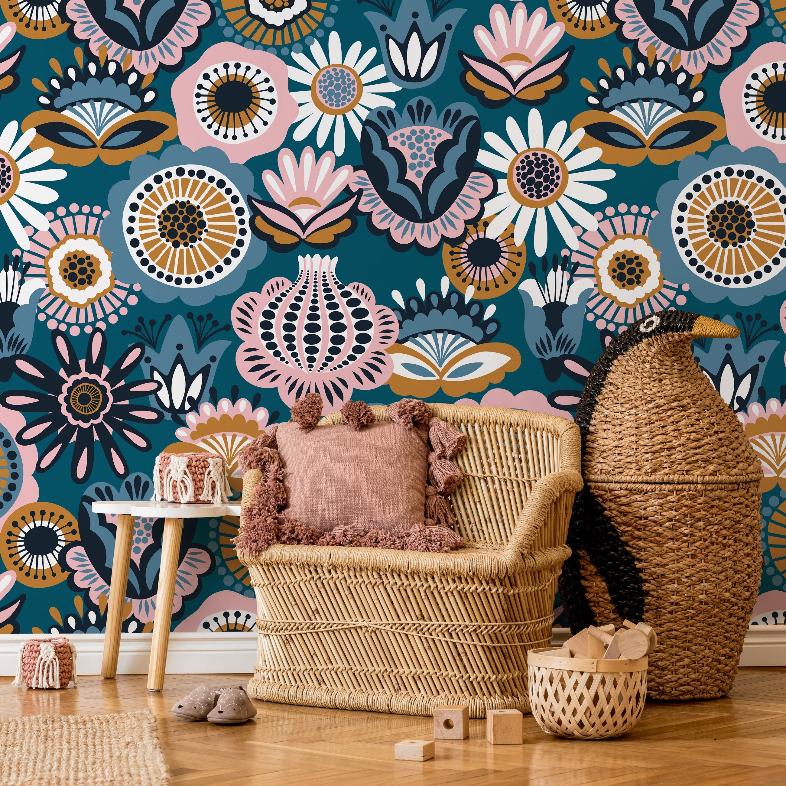 Floral Wallpaper With A Scandinavian Folk Art Motif In Teal, Pink, And Ochre - A785