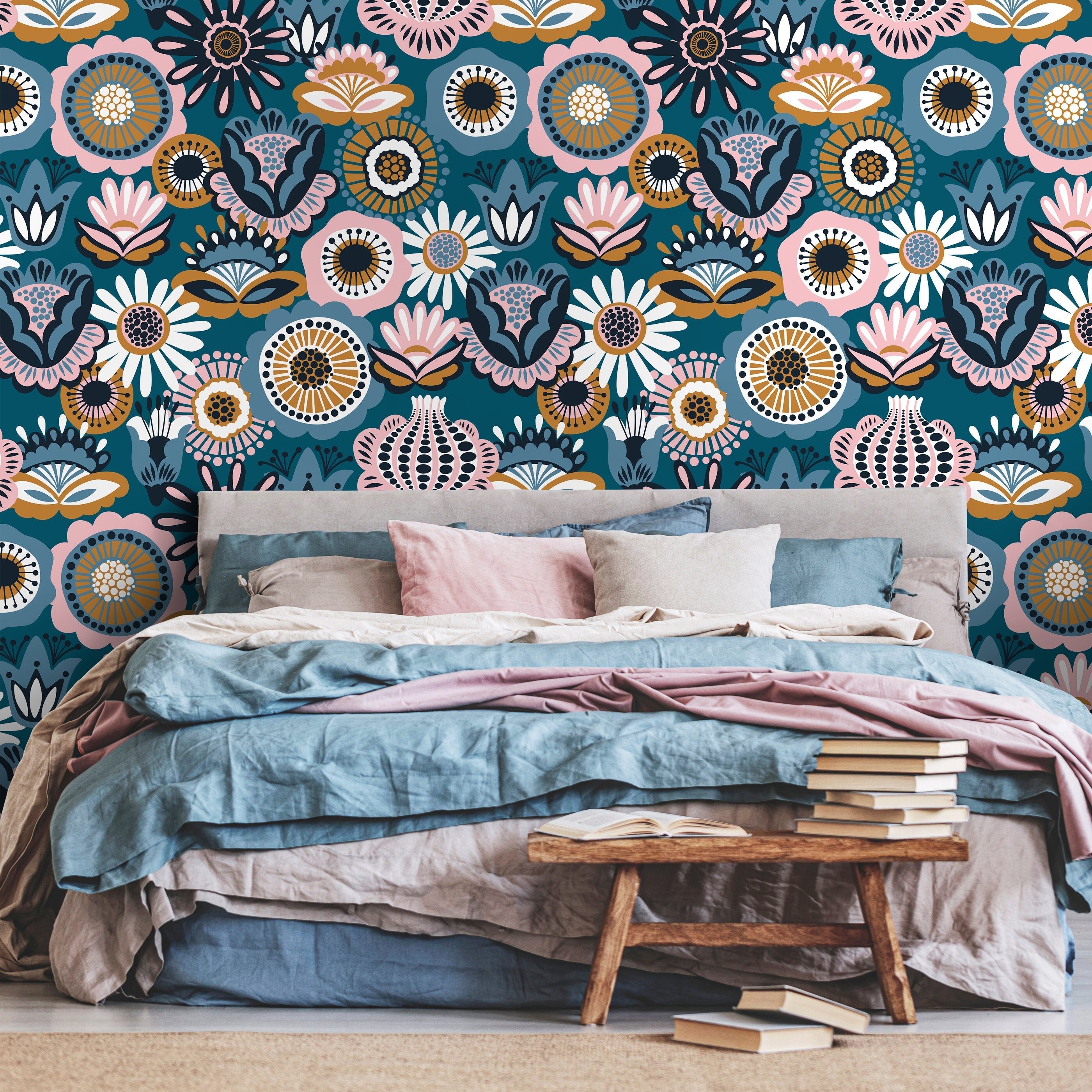 Floral Wallpaper With A Scandinavian Folk Art Motif In Teal, Pink, And Ochre - A785