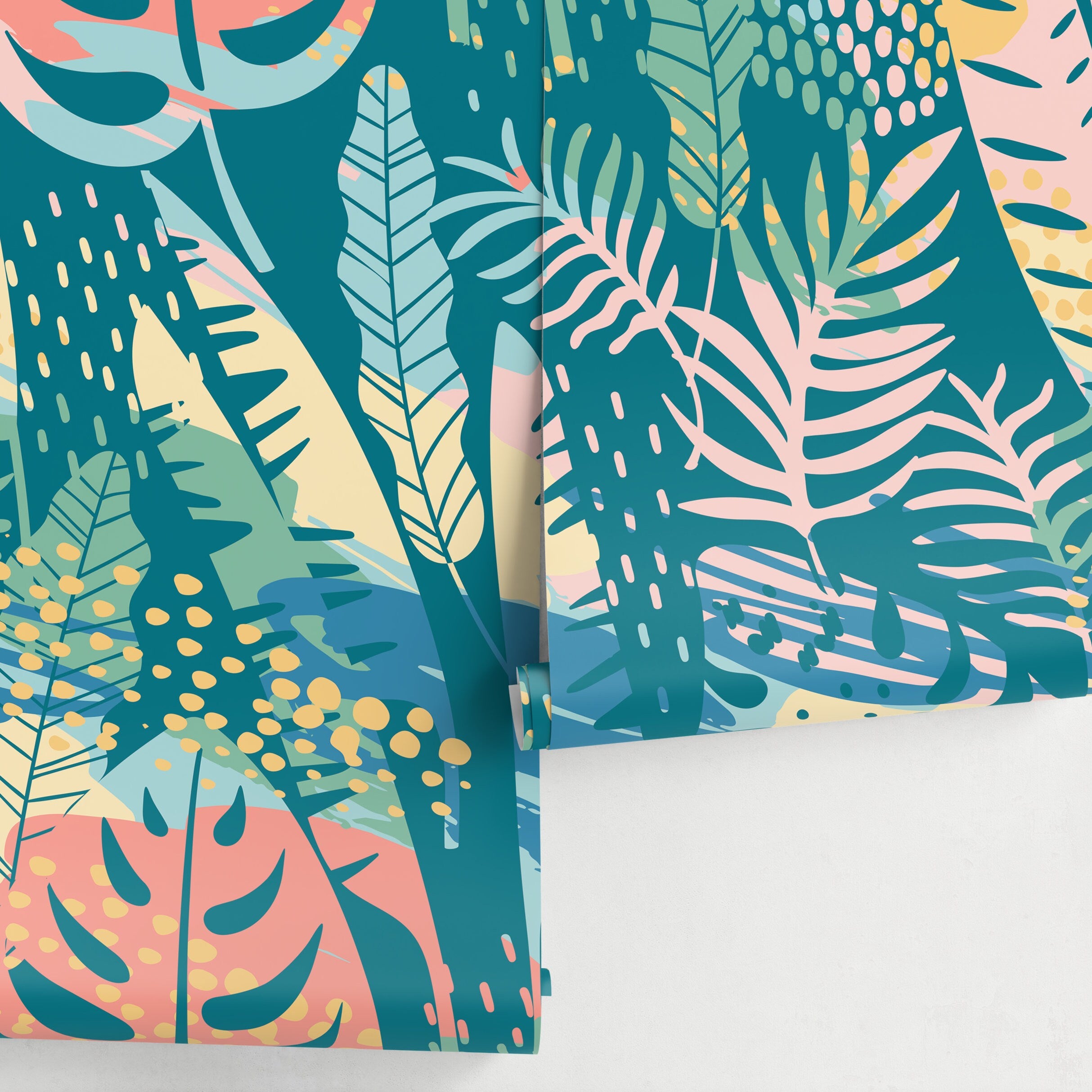 Botanical Wallpaper With Abstract Tropical Leaves In Teal, Pink, And Yellow - A787