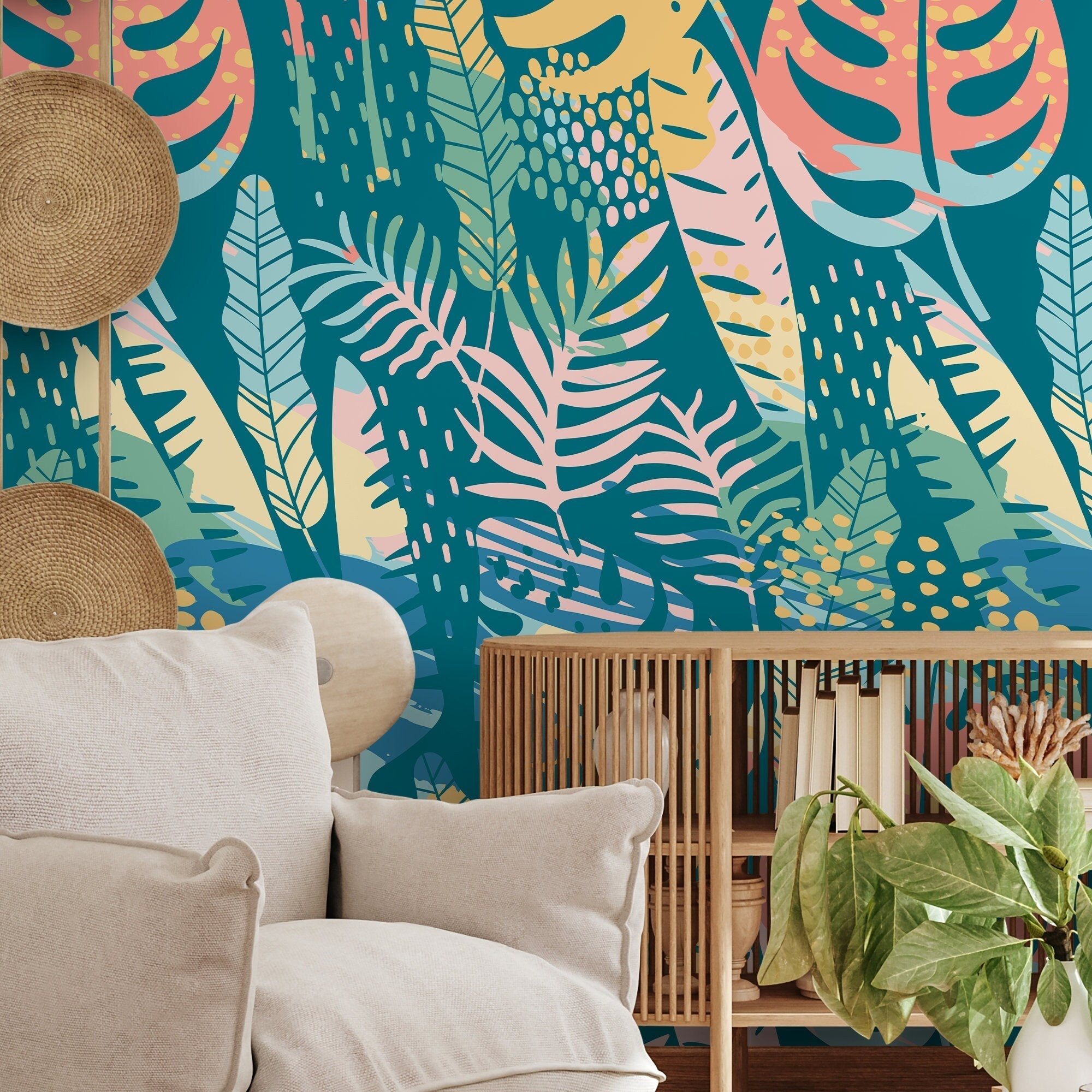 Botanical Wallpaper With Abstract Tropical Leaves In Teal, Pink, And Yellow - A787