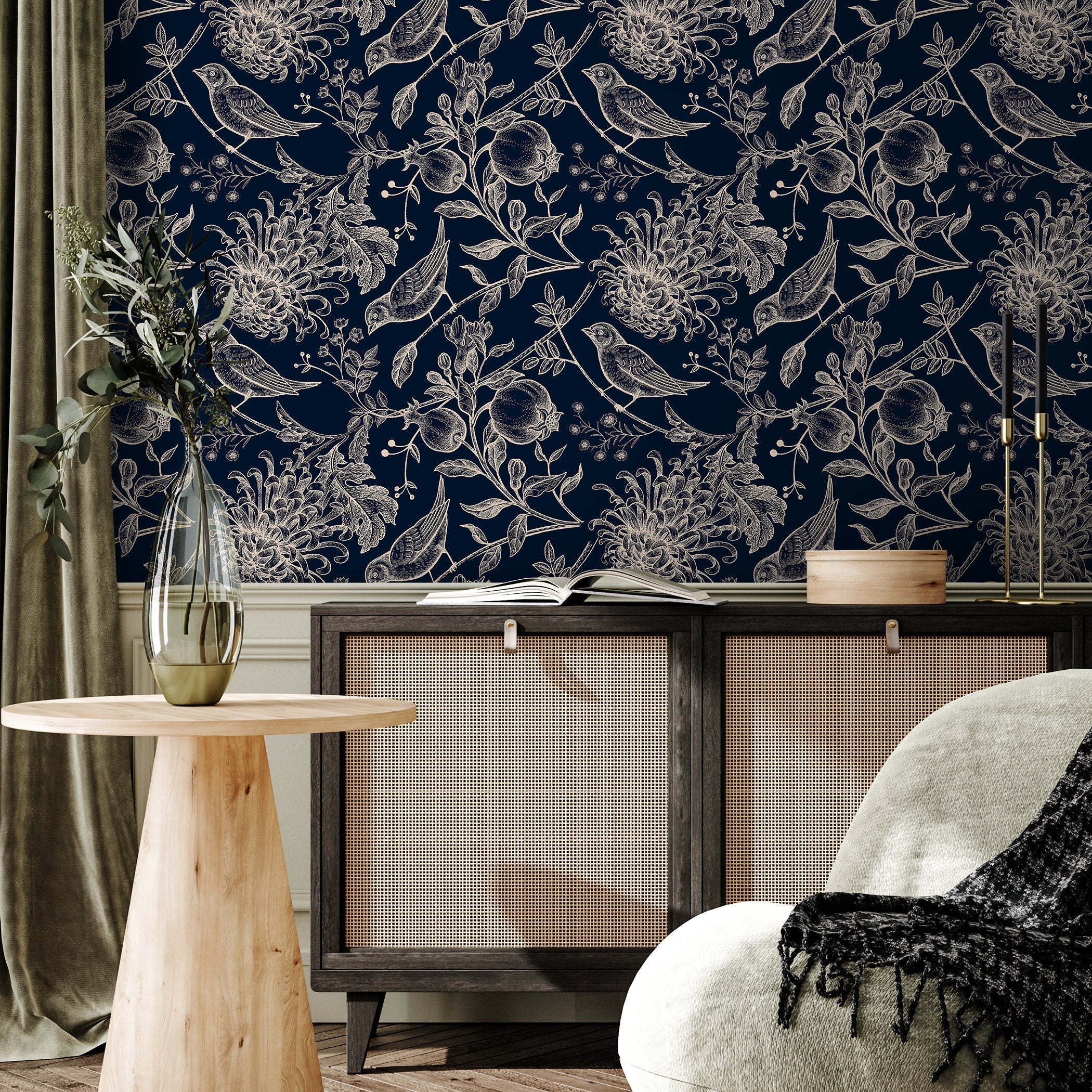Chinoiserie Wallpaper With An Engraved Bird And Botanical Print In Navy Blue And Cream - A903