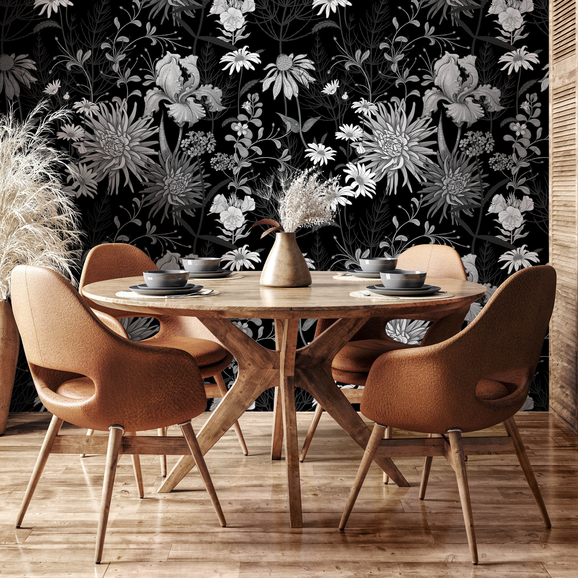 Floral Wallpaper With A Vintage Botanical Meadow In Black And White - A915