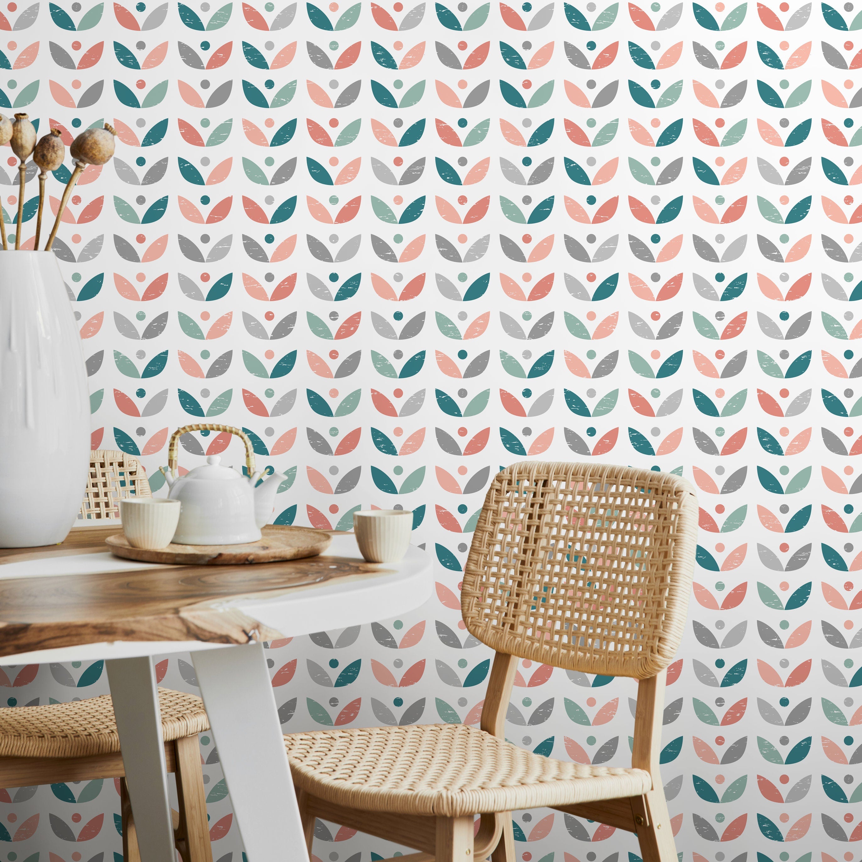 Scandinavian Wallpaper With A Retro Floral Motif In Teal, Coral, And Grey - A724