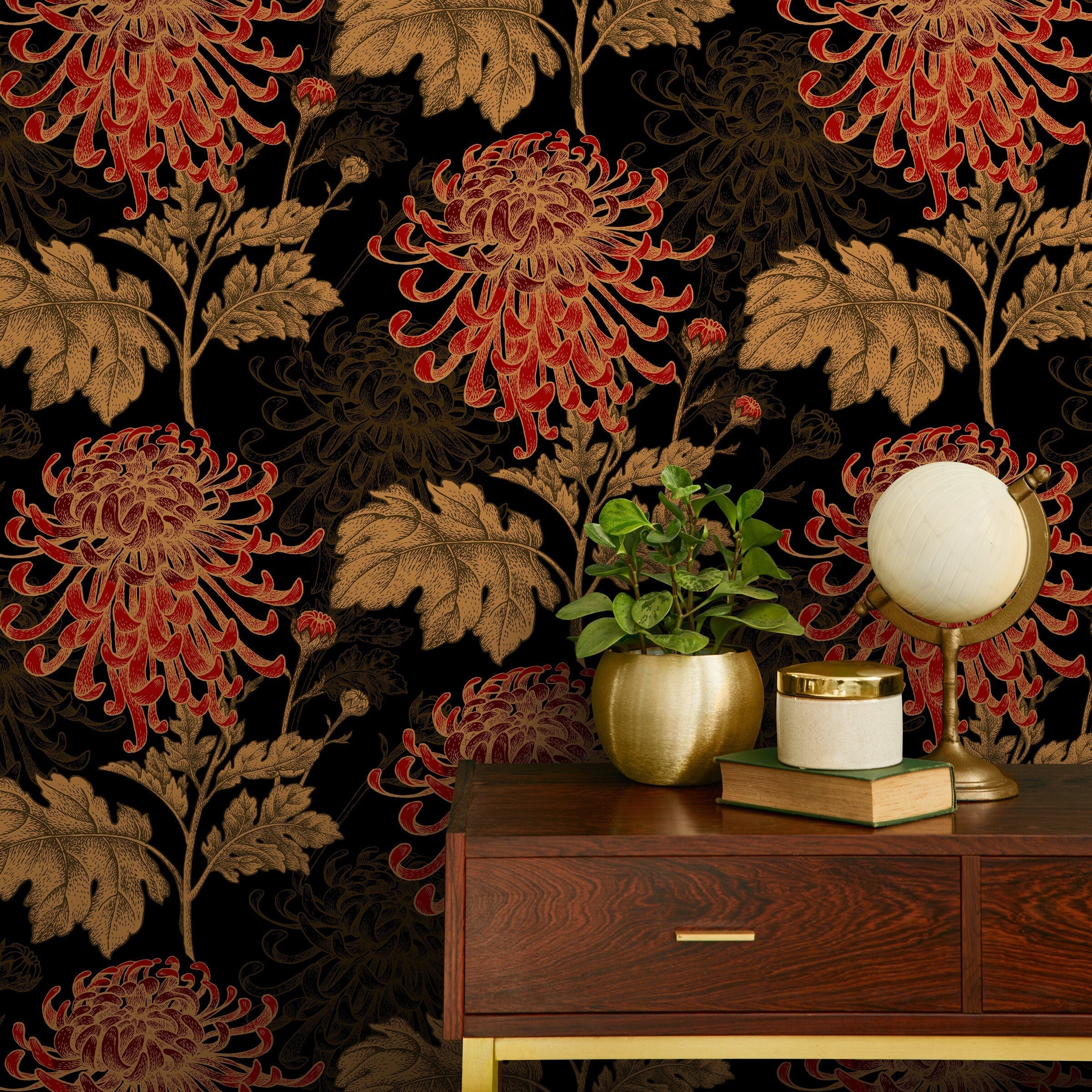 Floral Wallpaper Featuring Hand-drawn Chrysanthemums In Black, Red, And Gold - A923