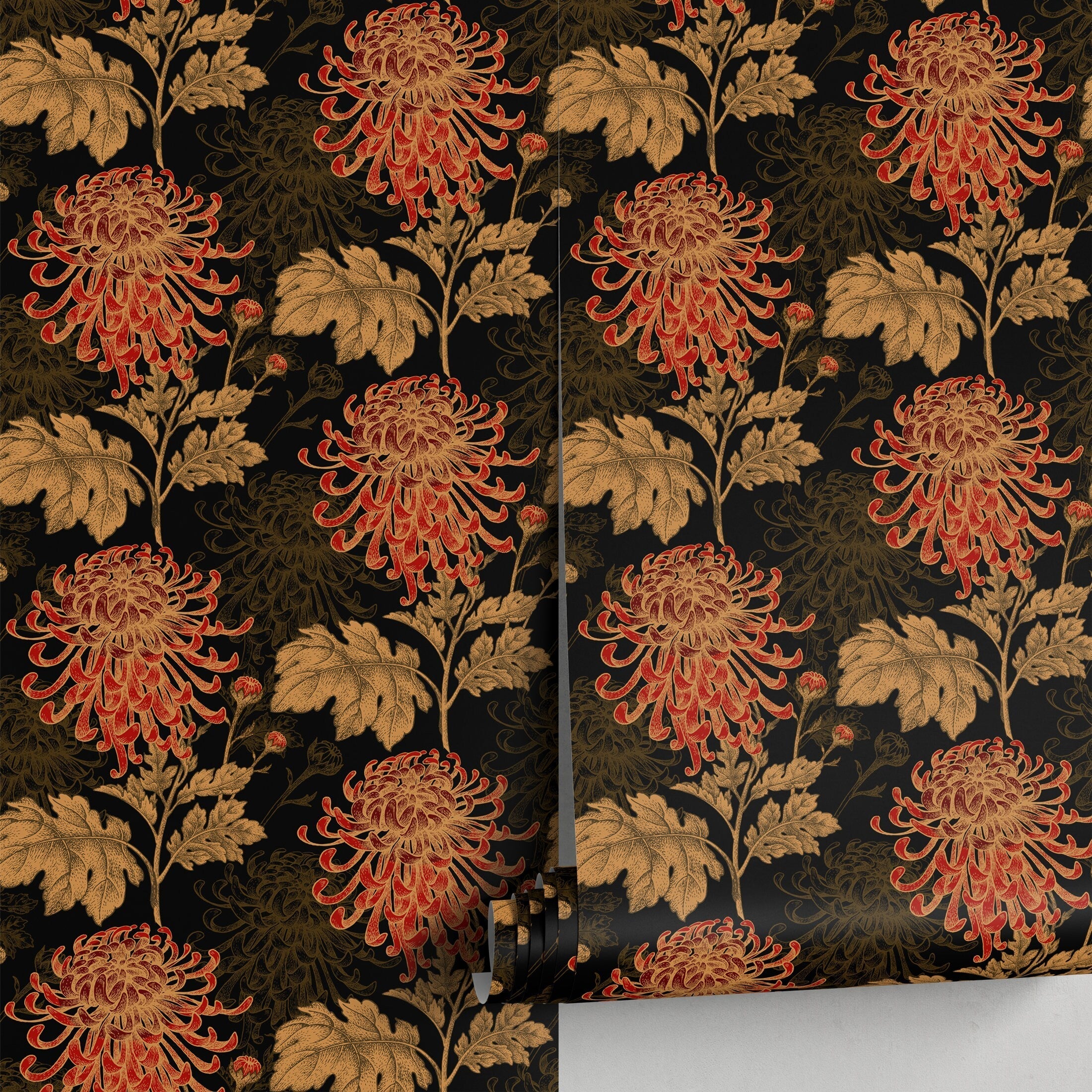 Floral Wallpaper Featuring Hand-drawn Chrysanthemums In Black, Red, And Gold - A923