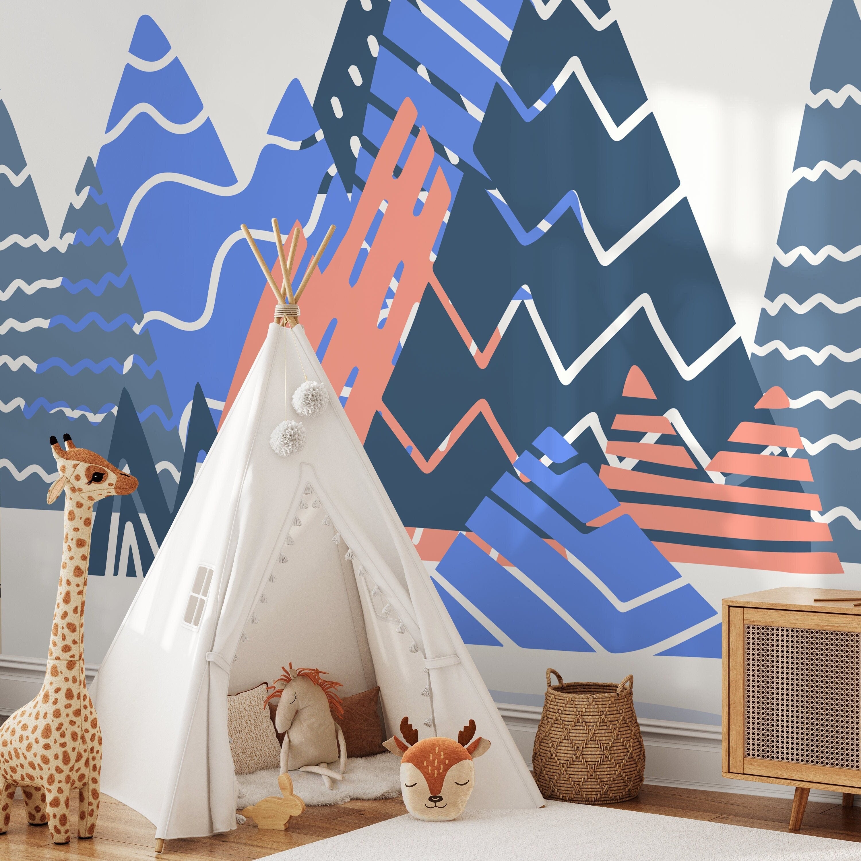 Abstract Wallpaper With A Stylized Mountain Range In Blue, Coral, And Navy - A950