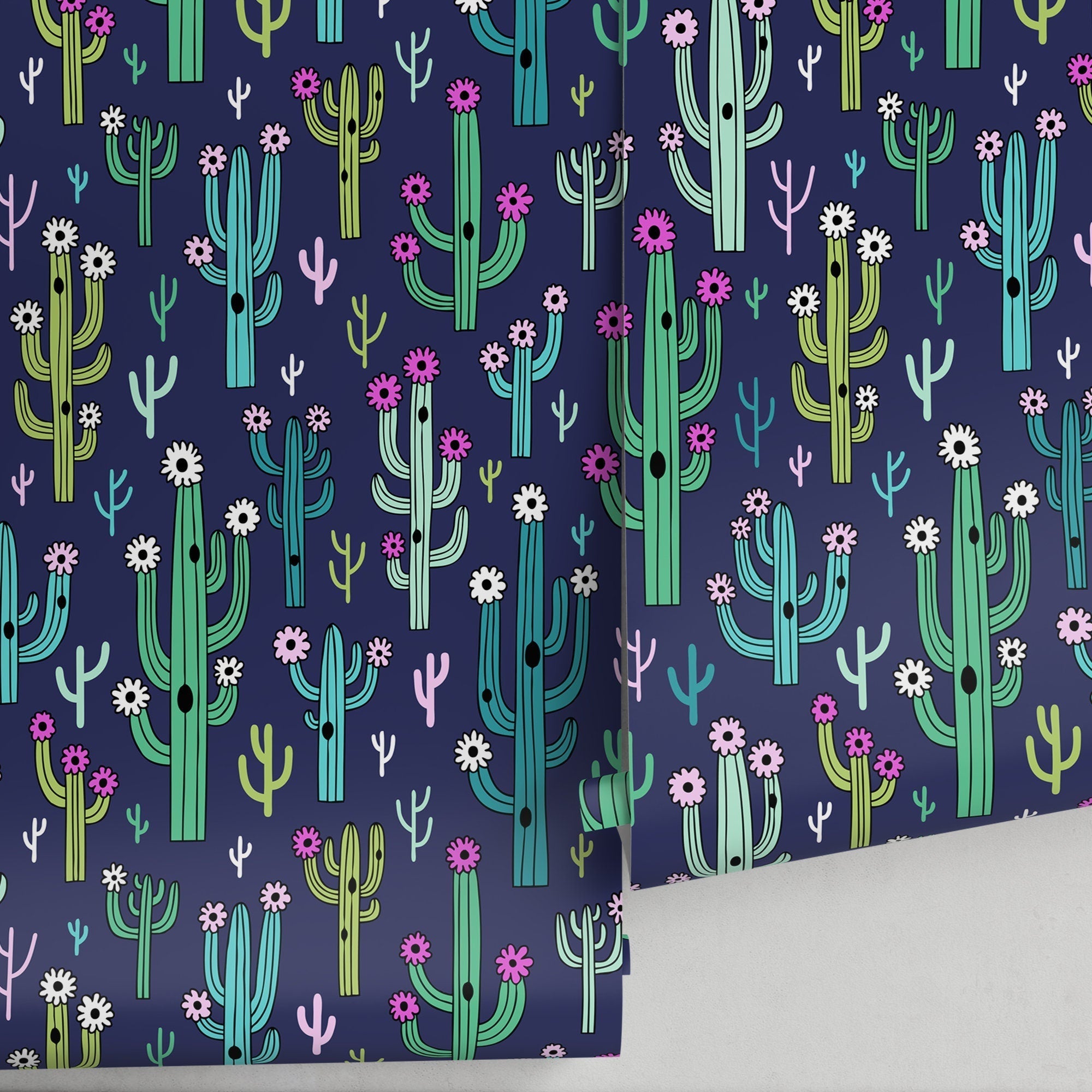 Cactus Wallpaper Featuring Whimsical Flowering Cacti In Green, Pink, And Navy Blue - A958