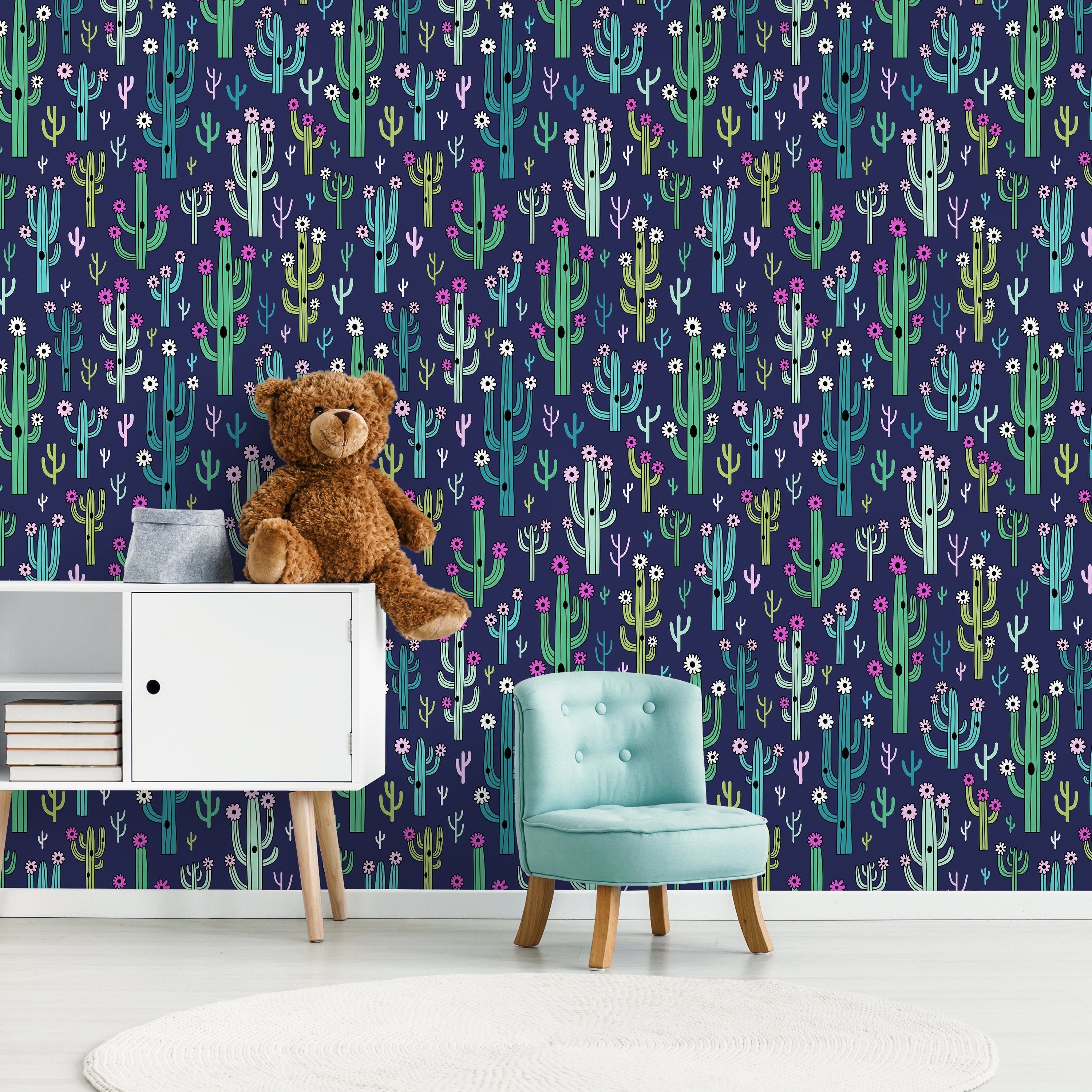 Cactus Wallpaper Featuring Whimsical Flowering Cacti In Green, Pink, And Navy Blue - A958