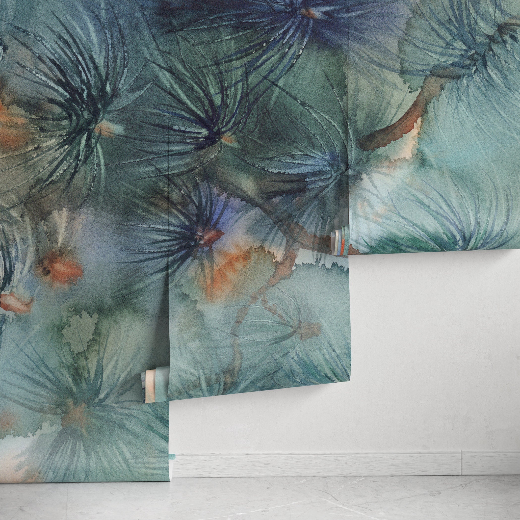 Botanical Wallpaper With A Watercolor Pine Motif In Teal, Green, And Orange - A014