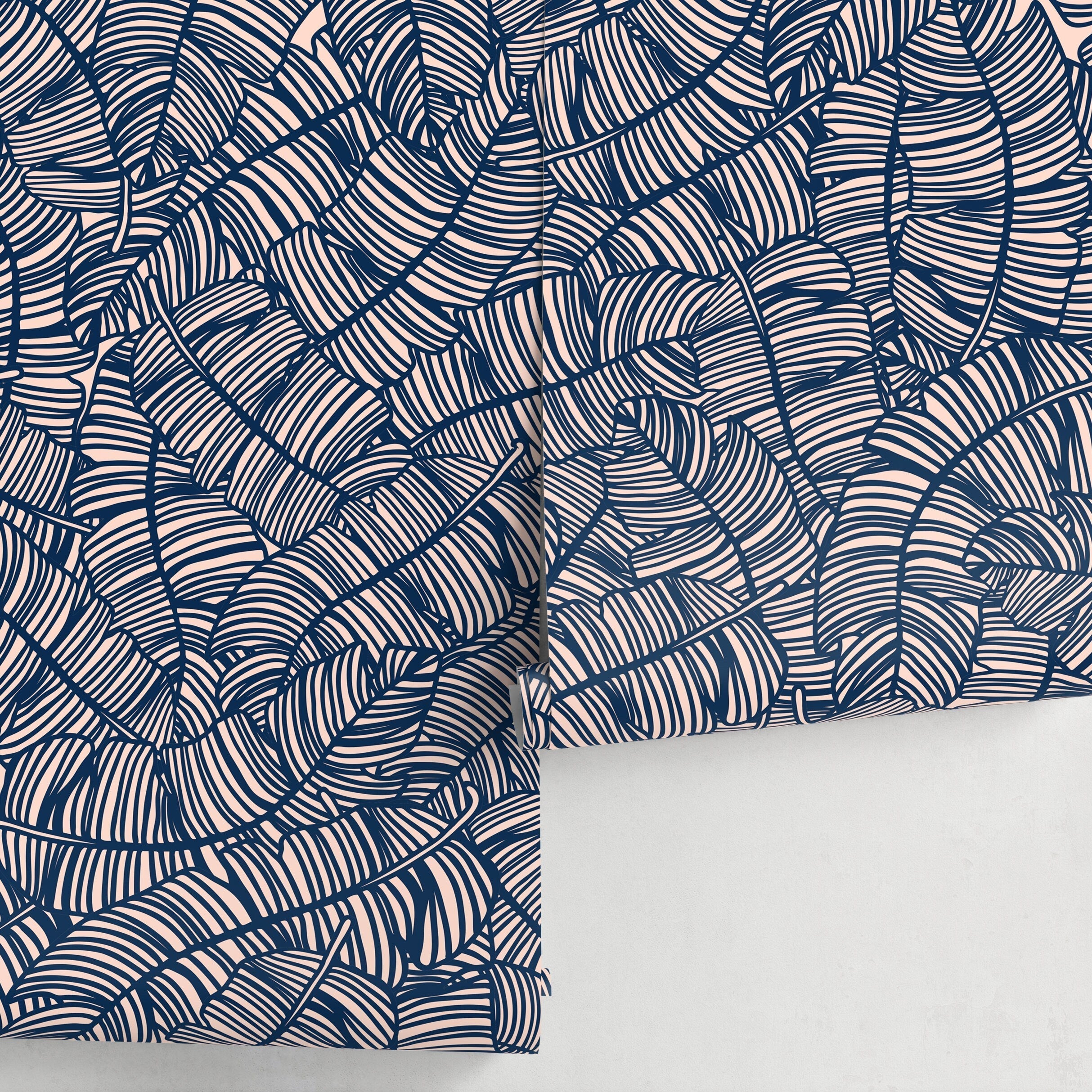 Abstract Wallpaper With A Bold Banana Leaf Motif In Navy Blue And Blush Pink - A016