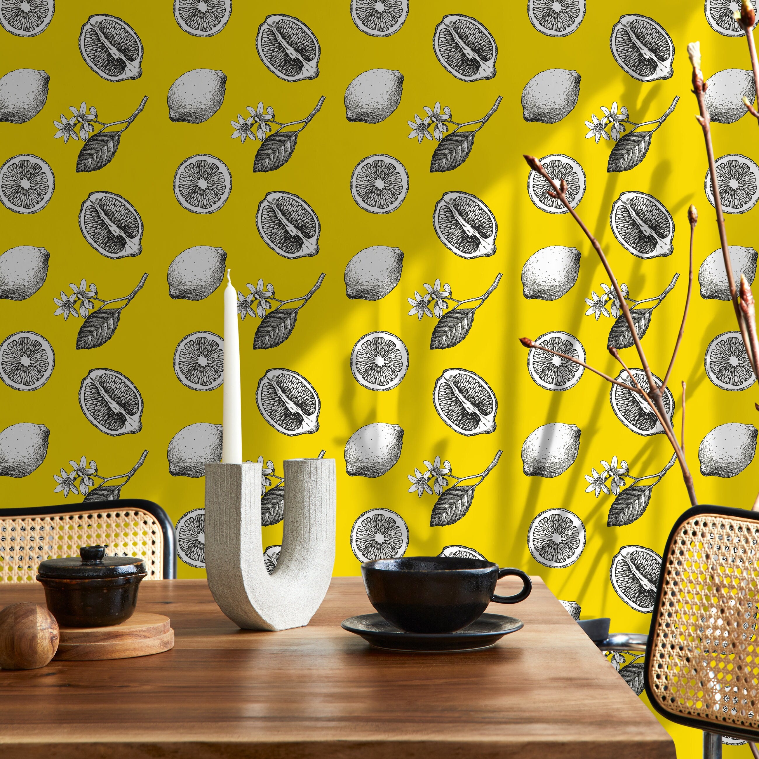 Botanical Wallpaper With Vintage Lemon Sketches In Yellow, Black, And White - A017