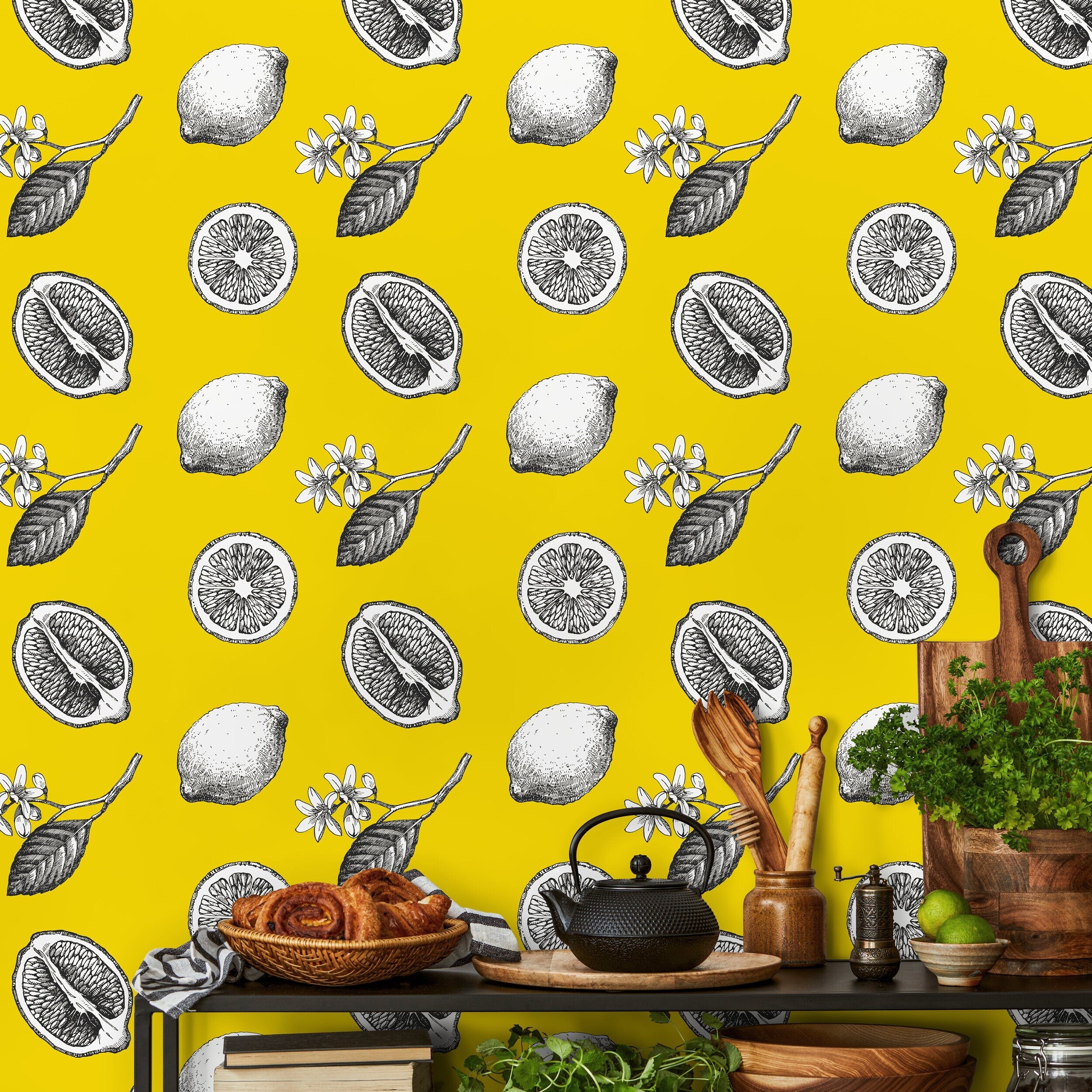 Botanical Wallpaper With Vintage Lemon Sketches In Yellow, Black, And White - A017