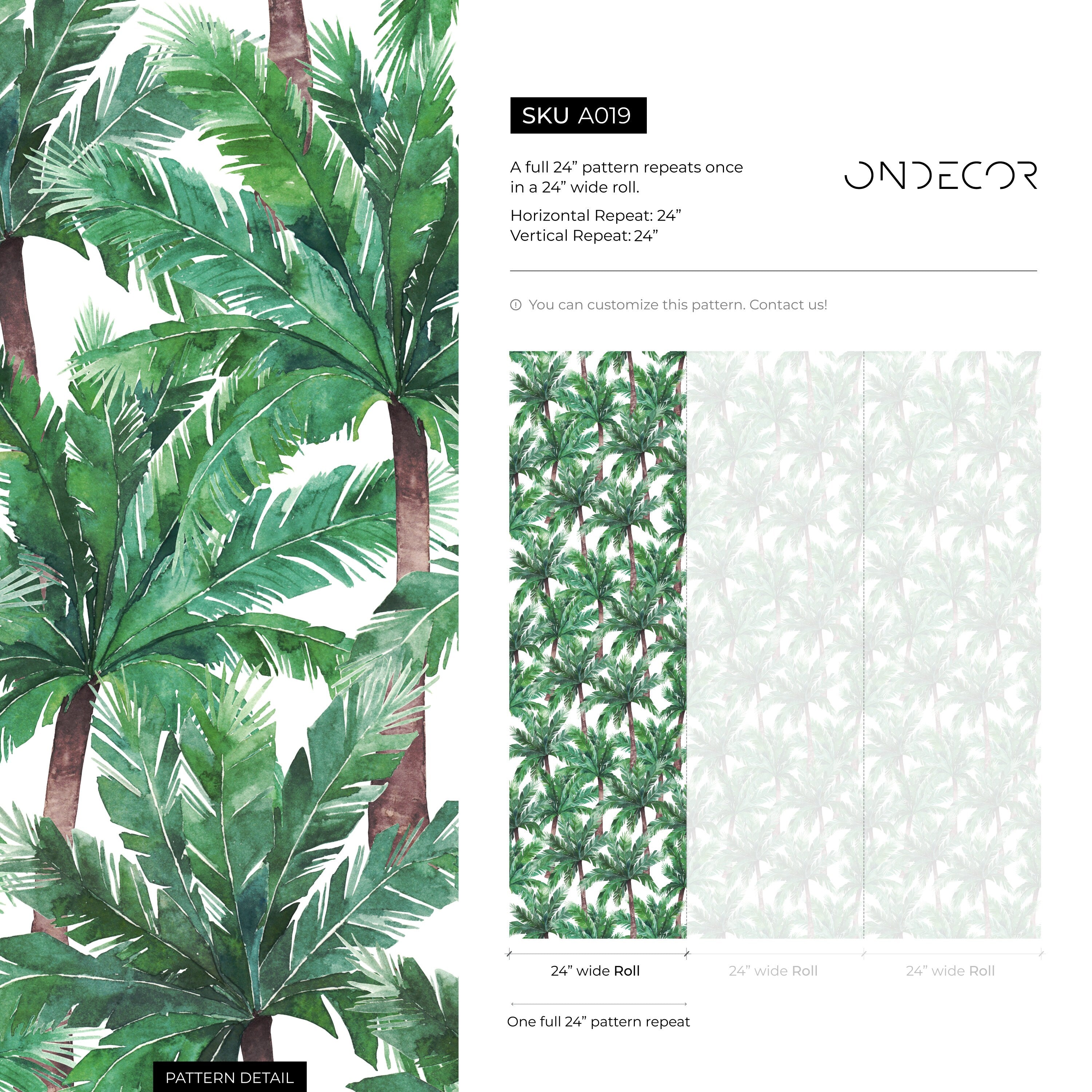 Tropical Wallpaper With A Watercolor Palm Tree Motif In Green And Brown - A019
