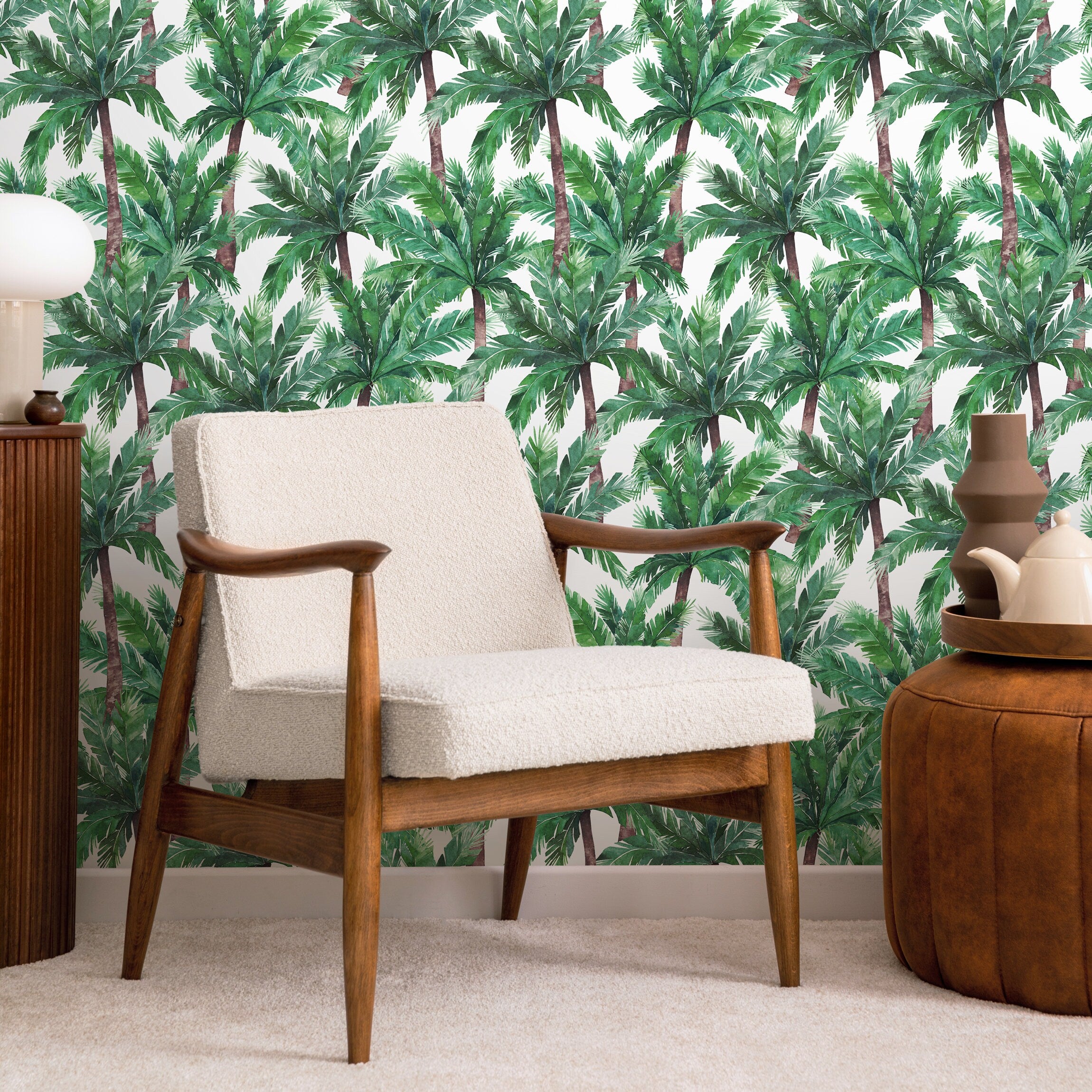 Tropical Wallpaper With A Watercolor Palm Tree Motif In Green And Brown - A019