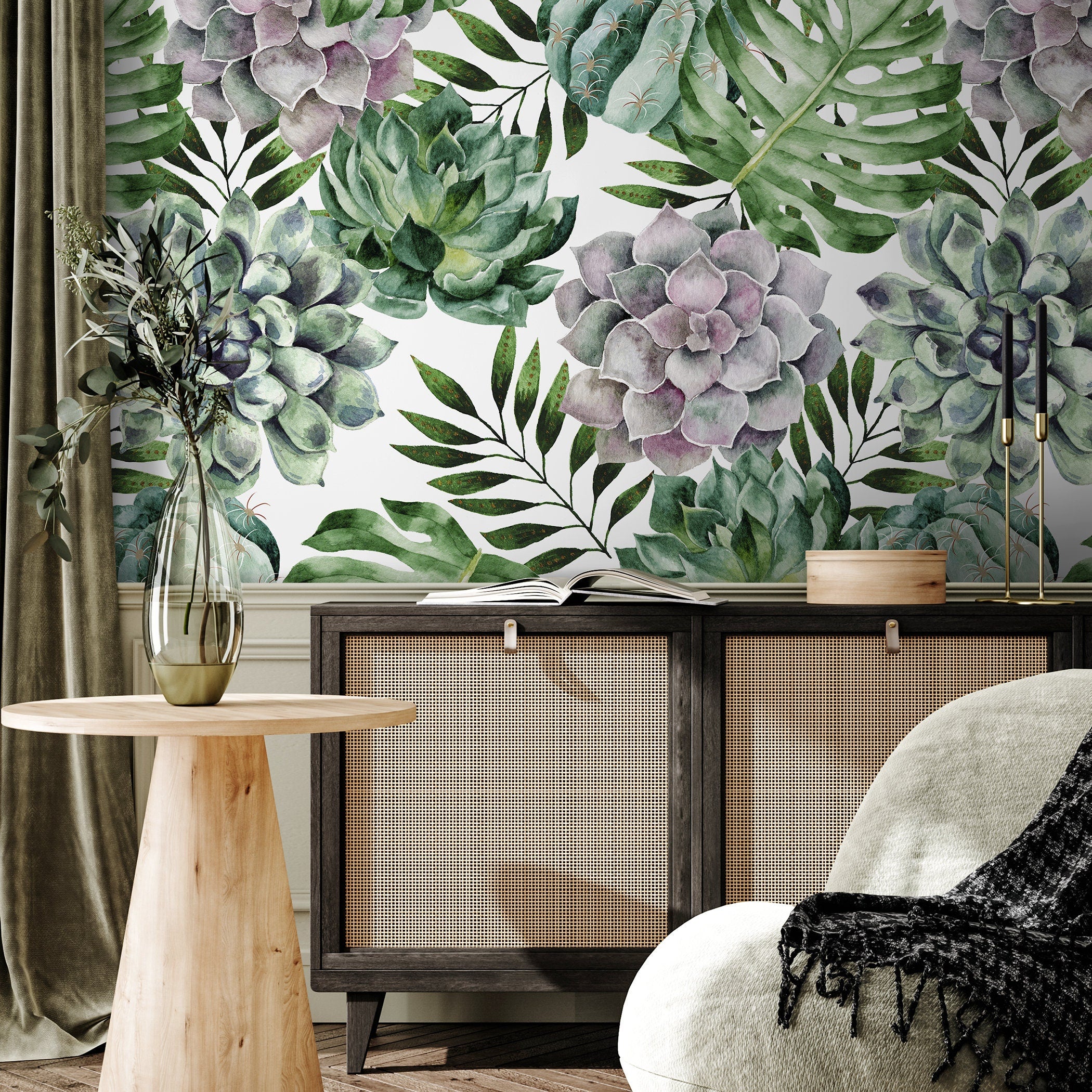 Botanical Wallpaper With Watercolor Succulents And Monstera In Green And Purple - A020