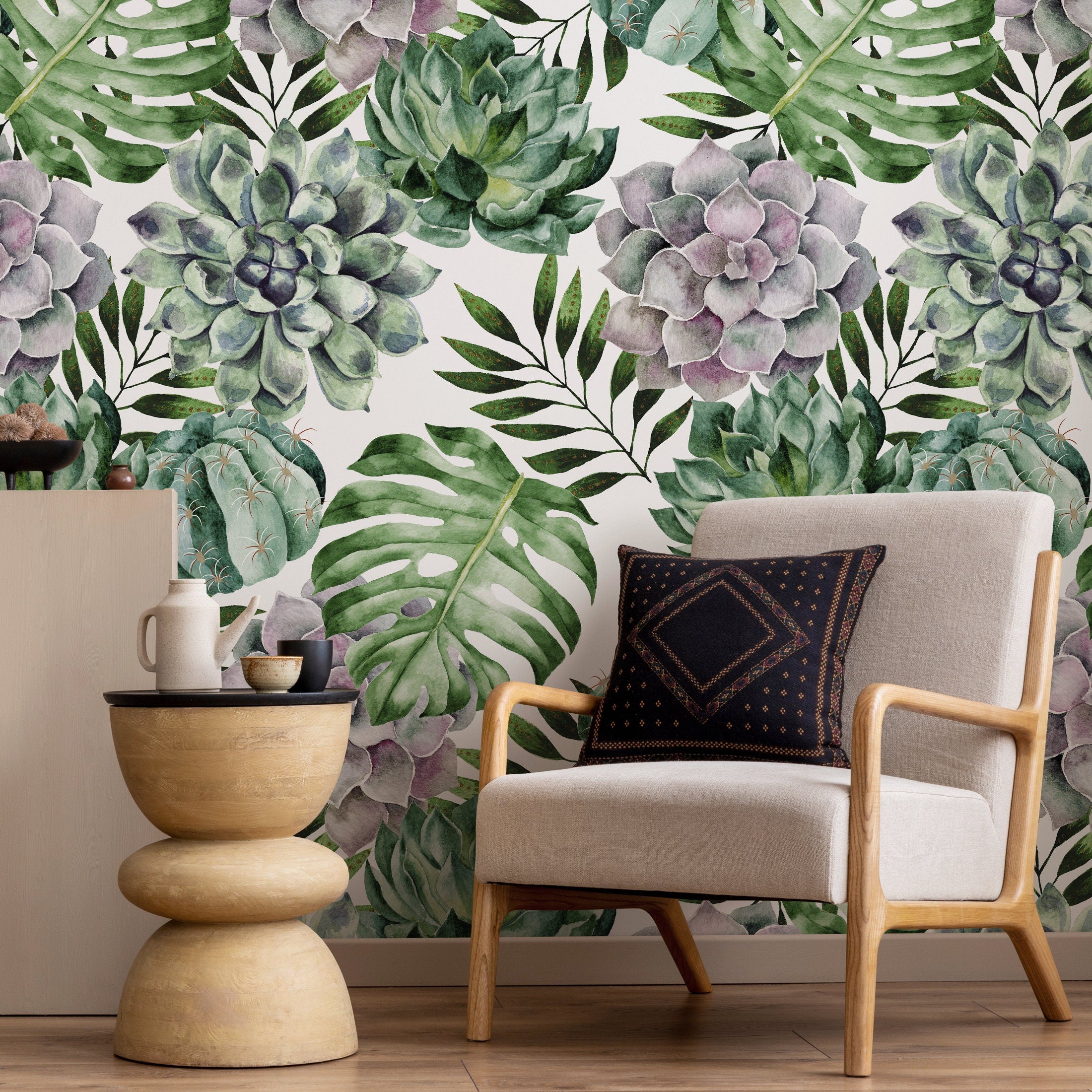 Botanical Wallpaper With Watercolor Succulents And Monstera In Green And Purple - A020