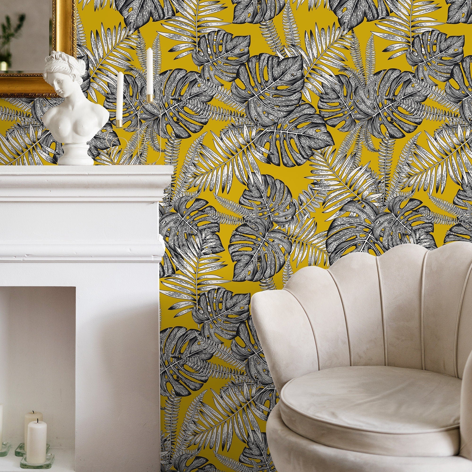 Botanical Wallpaper With Monstera And Palm Leaves In Yellow, Black, And White - D981