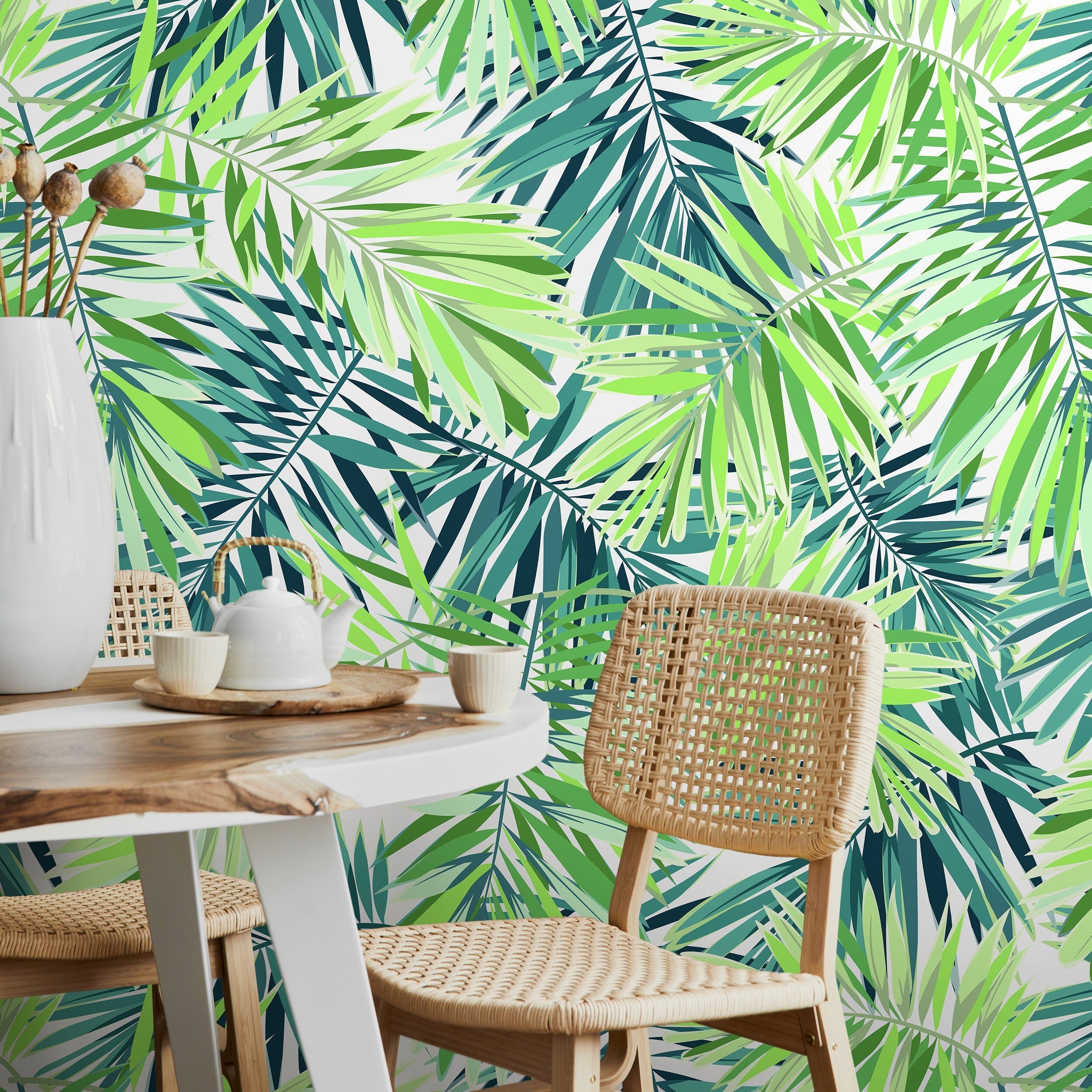 Botanical Wallpaper With Layered Palm Fronds In Green And Teal - A011