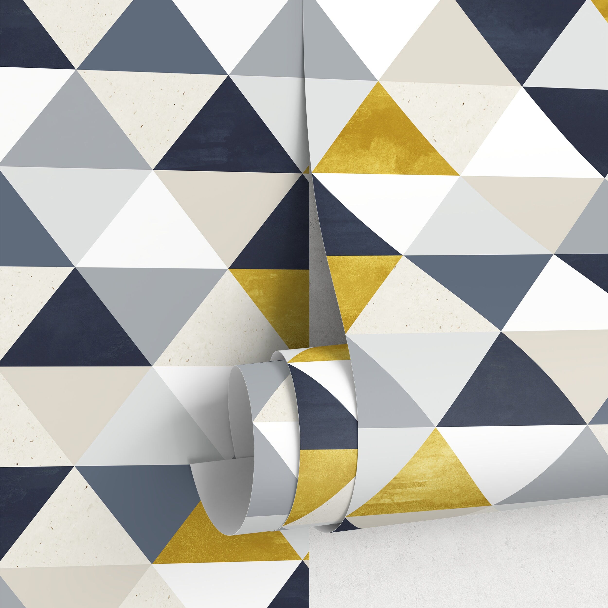 Geometric Wallpaper With A Modern Triangle Motif In Gold, Grey, And Blue - A196