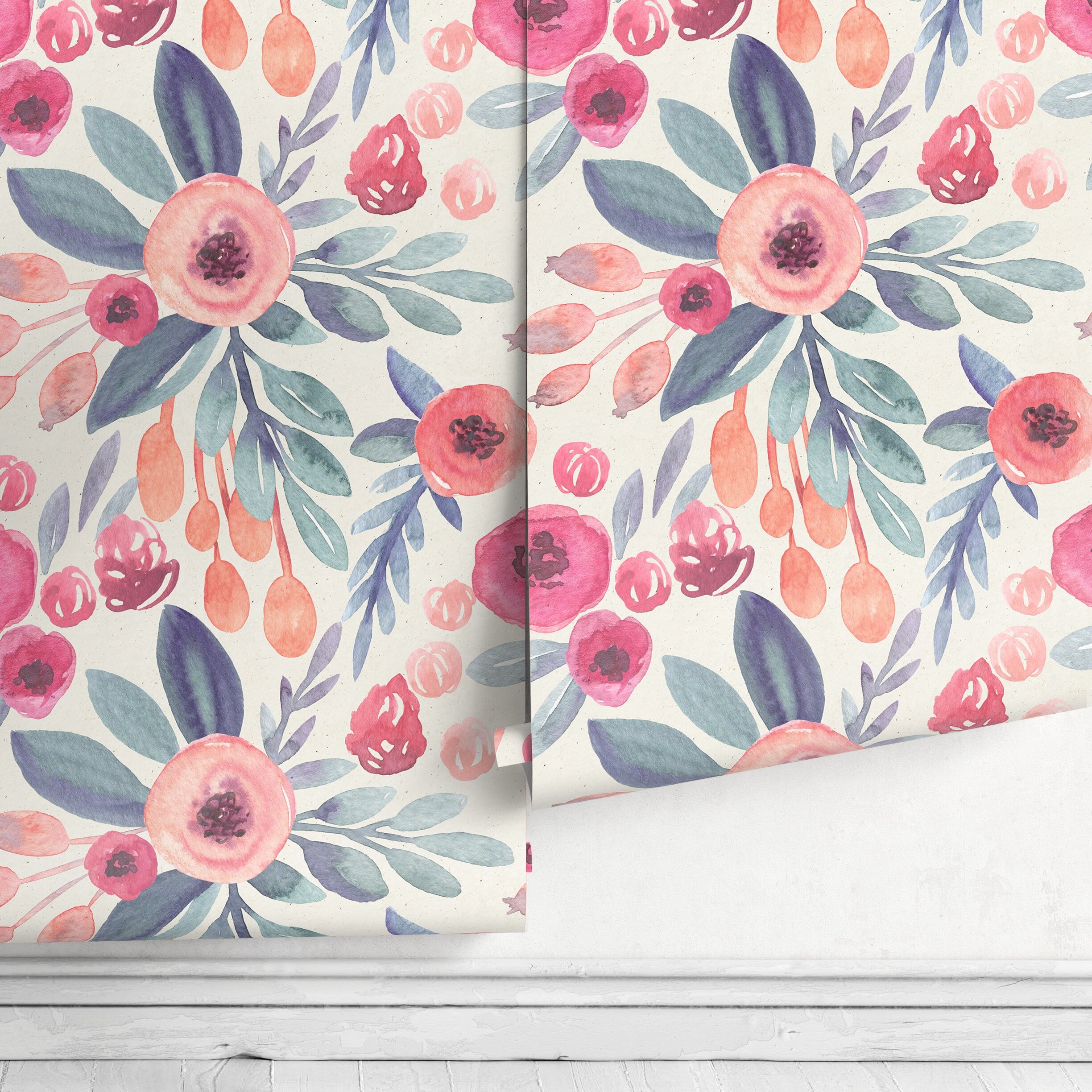 Floral Wallpaper Featuring A Watercolor Motif In Pink, Blue, And Peach - A264