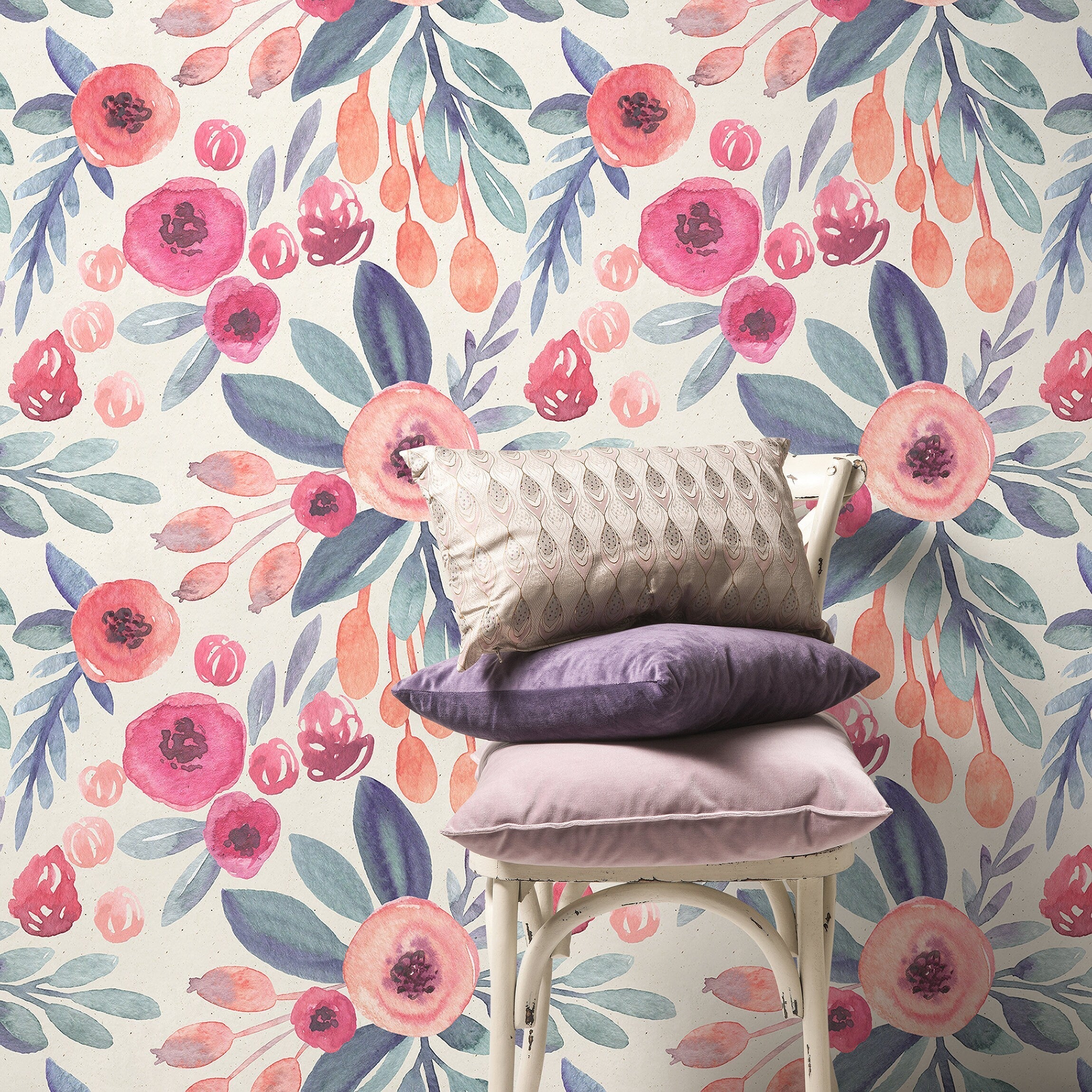 Floral Wallpaper Featuring A Watercolor Motif In Pink, Blue, And Peach - A264