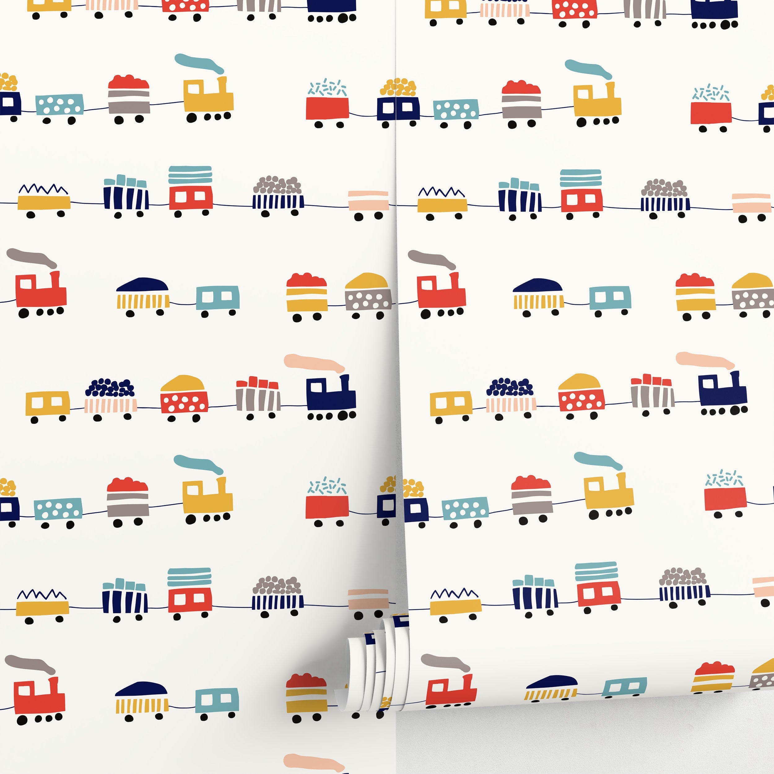 Kids Wallpaper With A Colorful Train Motif In Red, Yellow, And Blue - A328