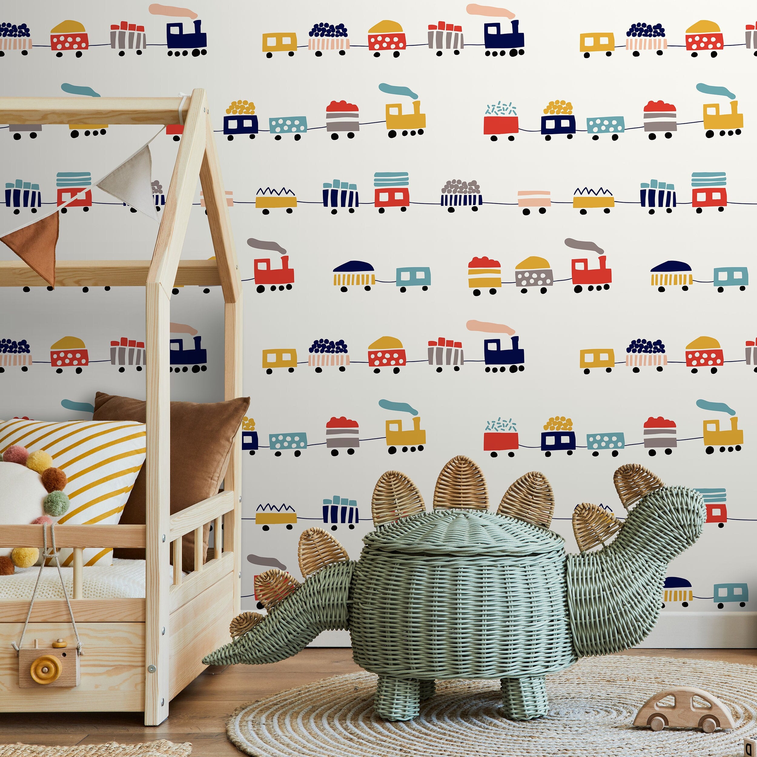 Kids Wallpaper With A Colorful Train Motif In Red, Yellow, And Blue - A328