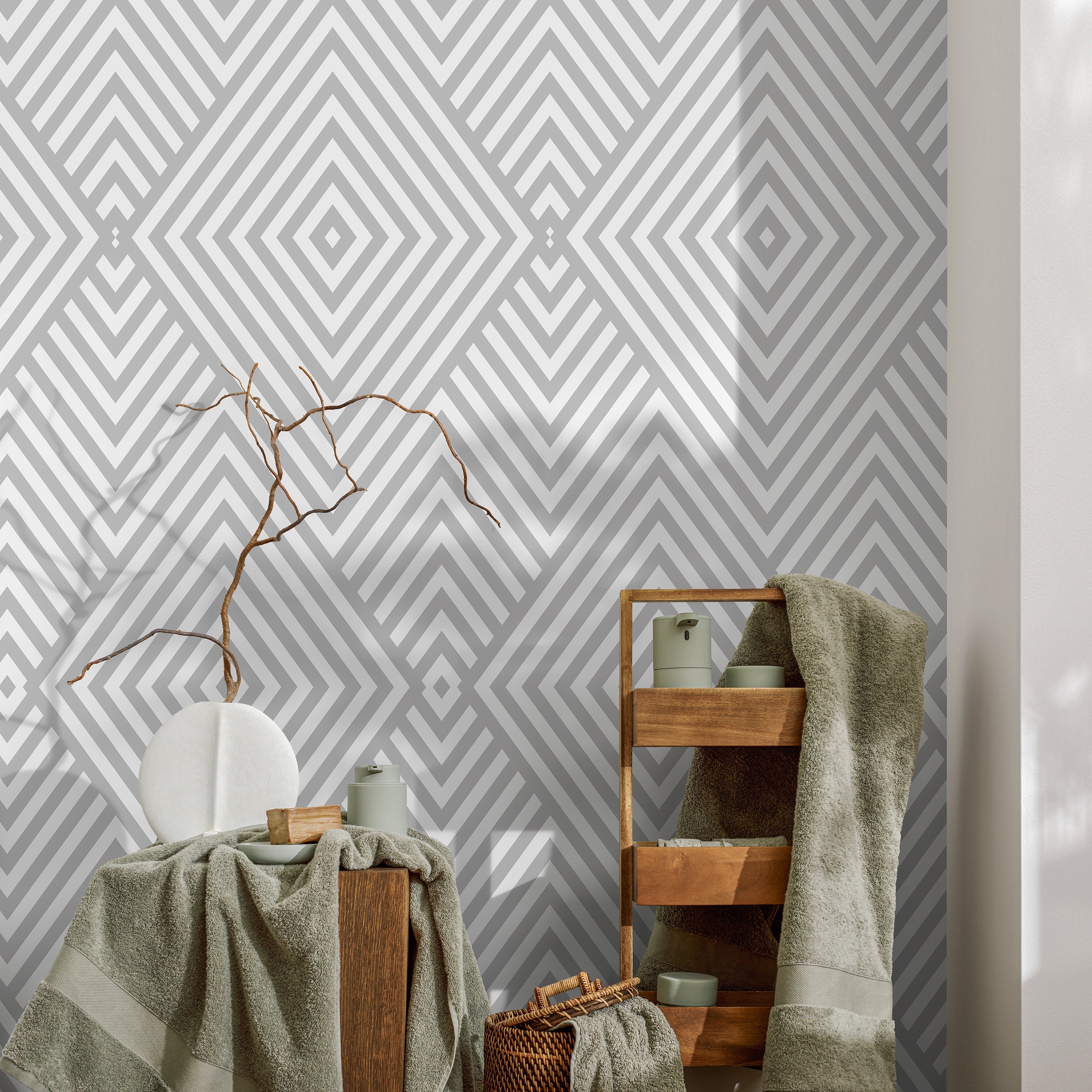 Geometric Wallpaper With A Minimalist Diamond Motif In Gray And White - A335
