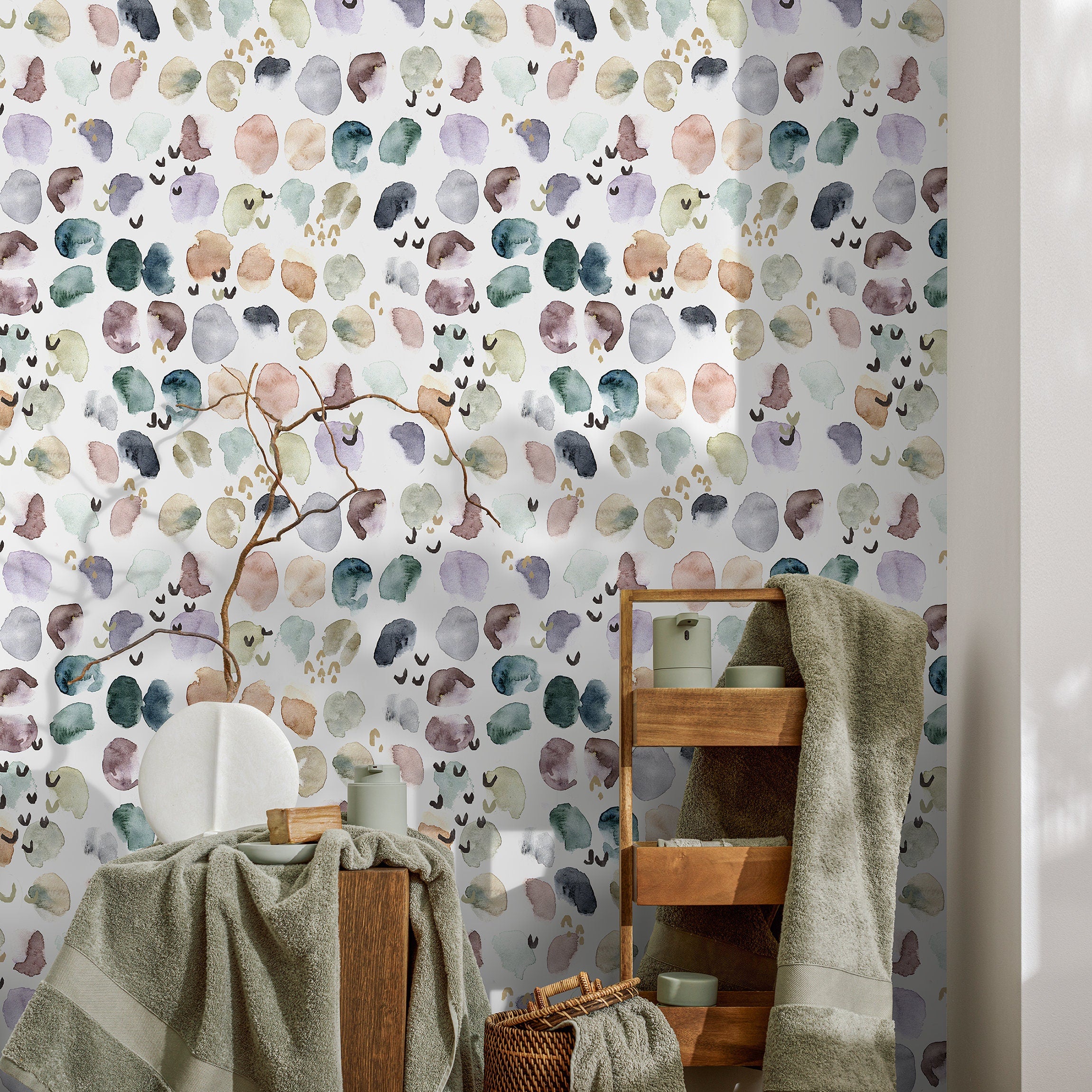 Abstract Wallpaper With Watercolor Dots In Teal, Purple, And Rose - A356