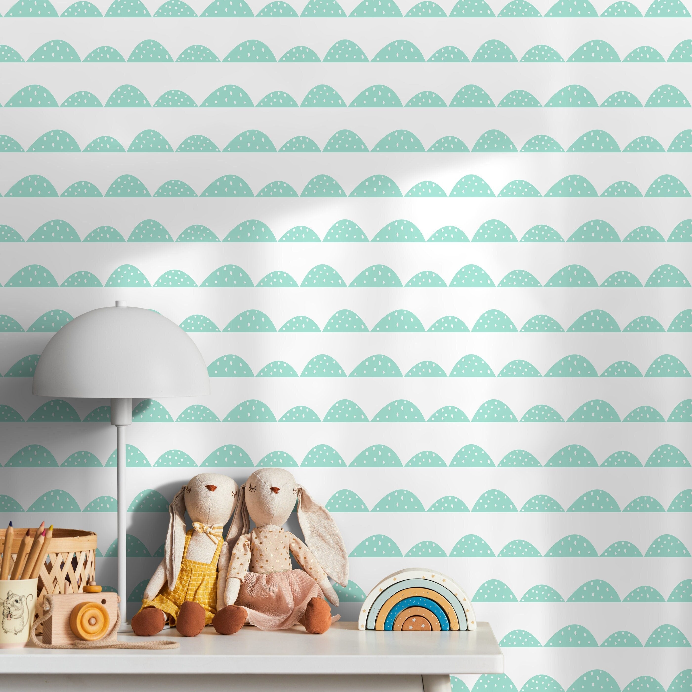 Scalloped Wallpaper With A Dotted Wave Motif In Mint Green - A358