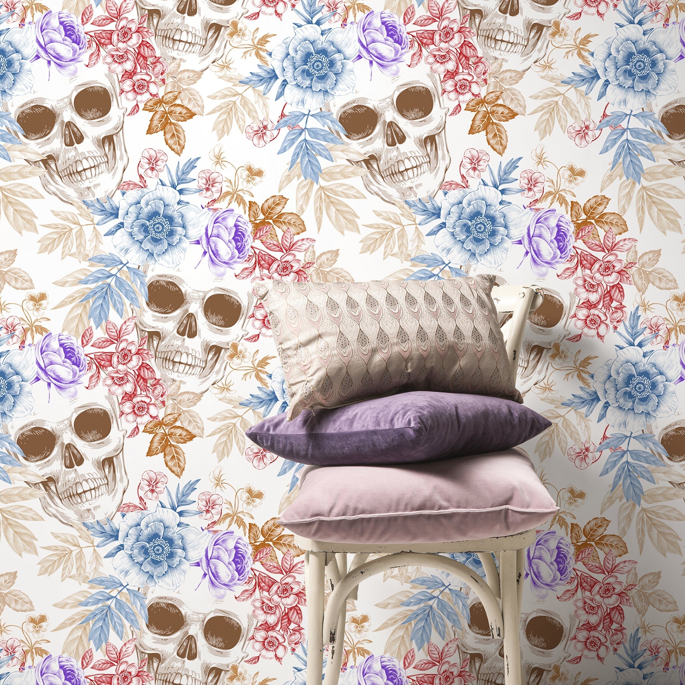 Gothic Wallpaper With A Floral Skull Motif In Blue, Red, And Purple - A364