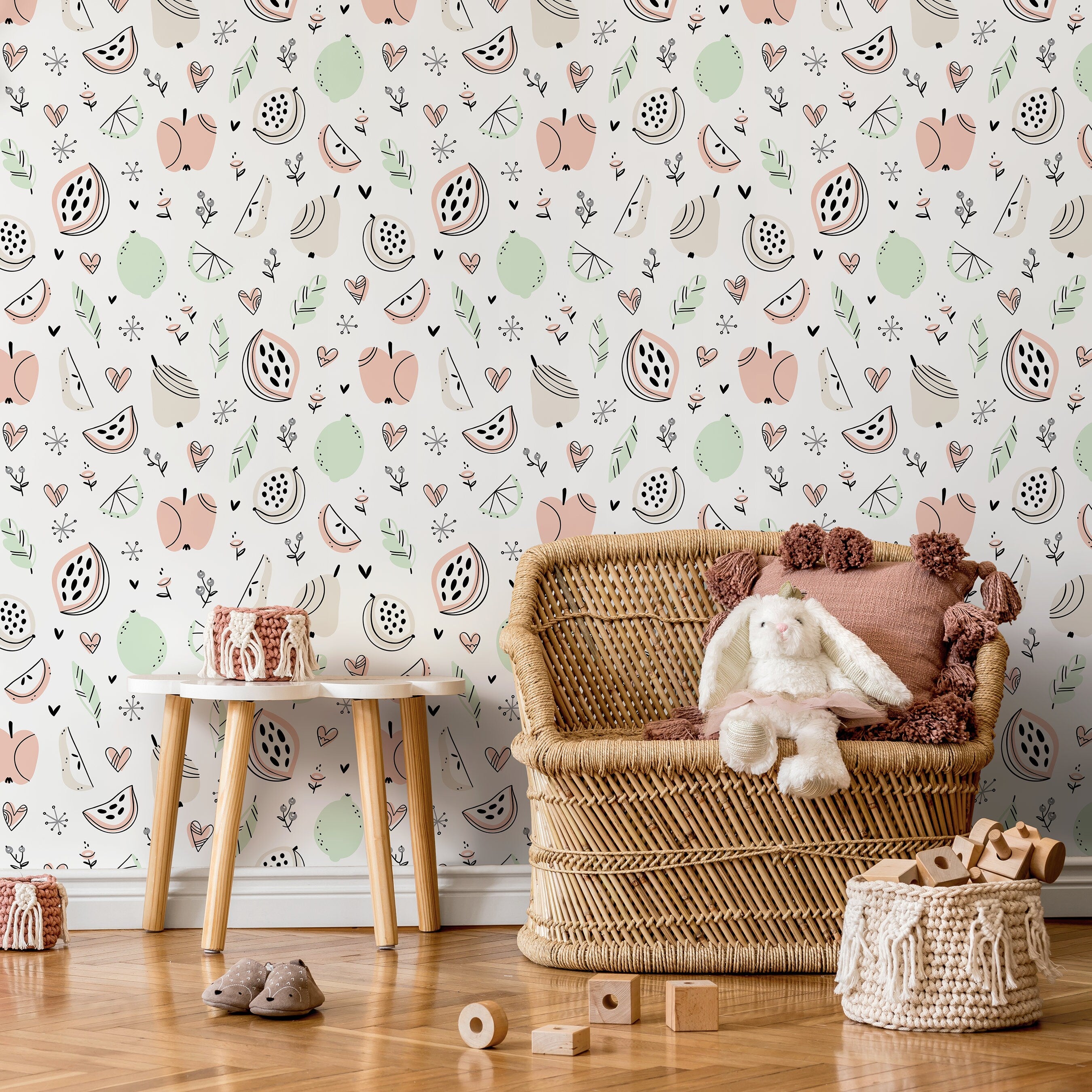 Fruit Wallpaper Featuring Hand-drawn Illustrations In Pink, Green, And Beige - A367