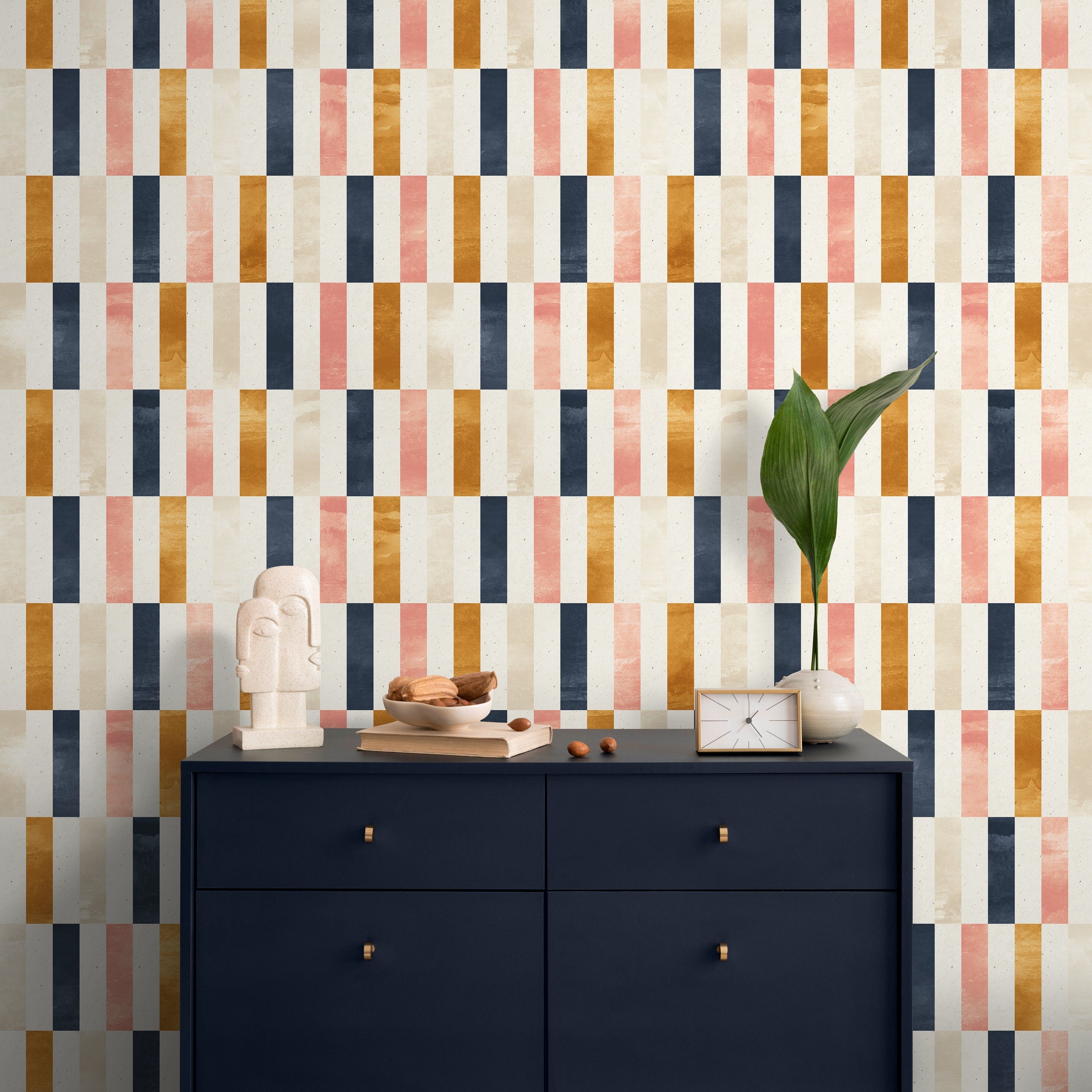 Geometric Wallpaper With A Rectangular Block Pattern In Blue, Pink, And Gold - A375