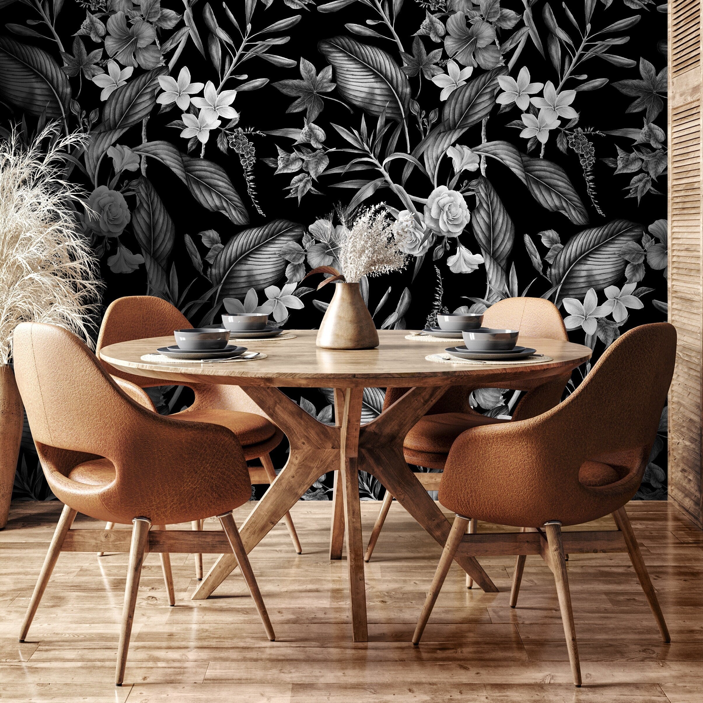 Botanical Wallpaper With Vintage Tropical Florals In Black And White - A382