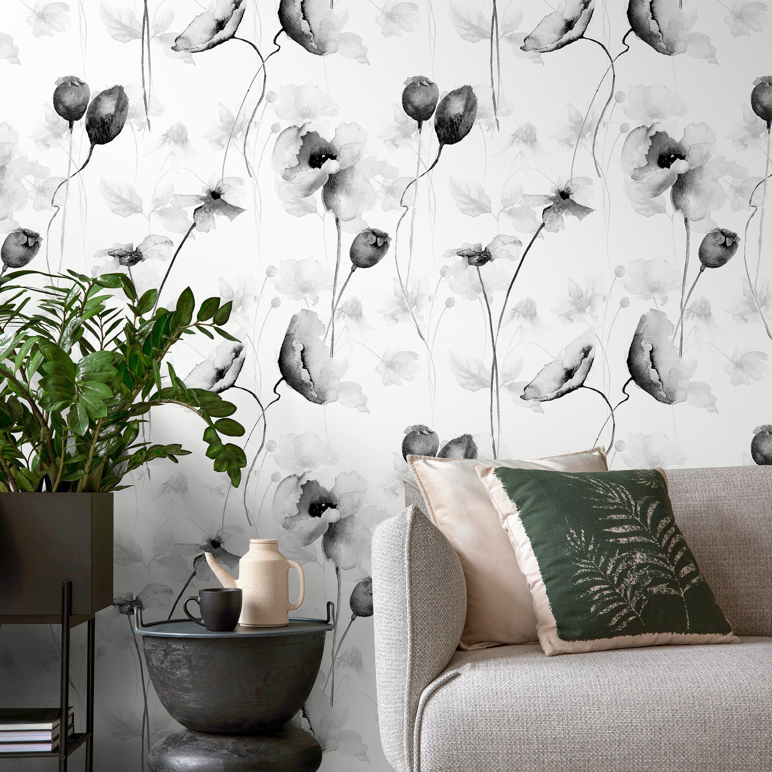 Floral Wallpaper With Watercolor Poppies In Black And White - A383