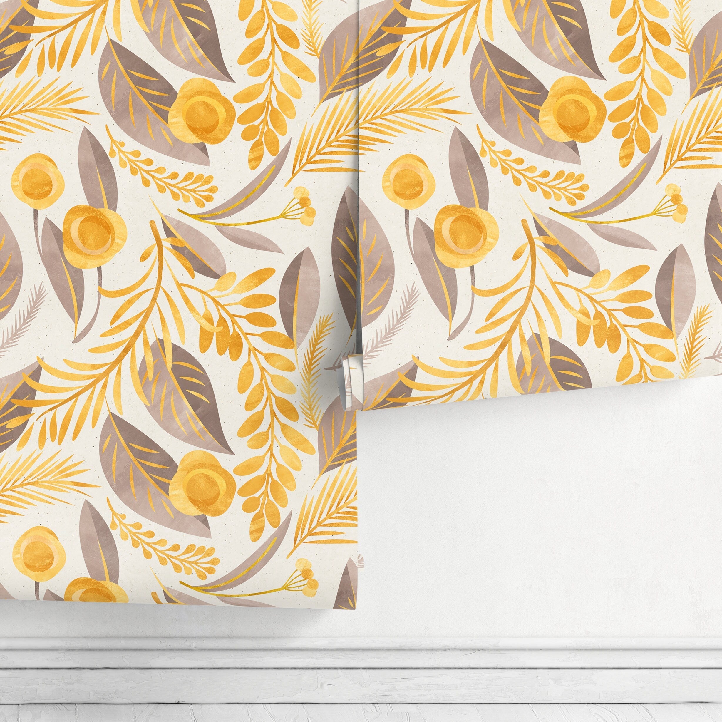 Botanical Wallpaper With Stylized Leaves And Flowers In Yellow And Taupe - A386