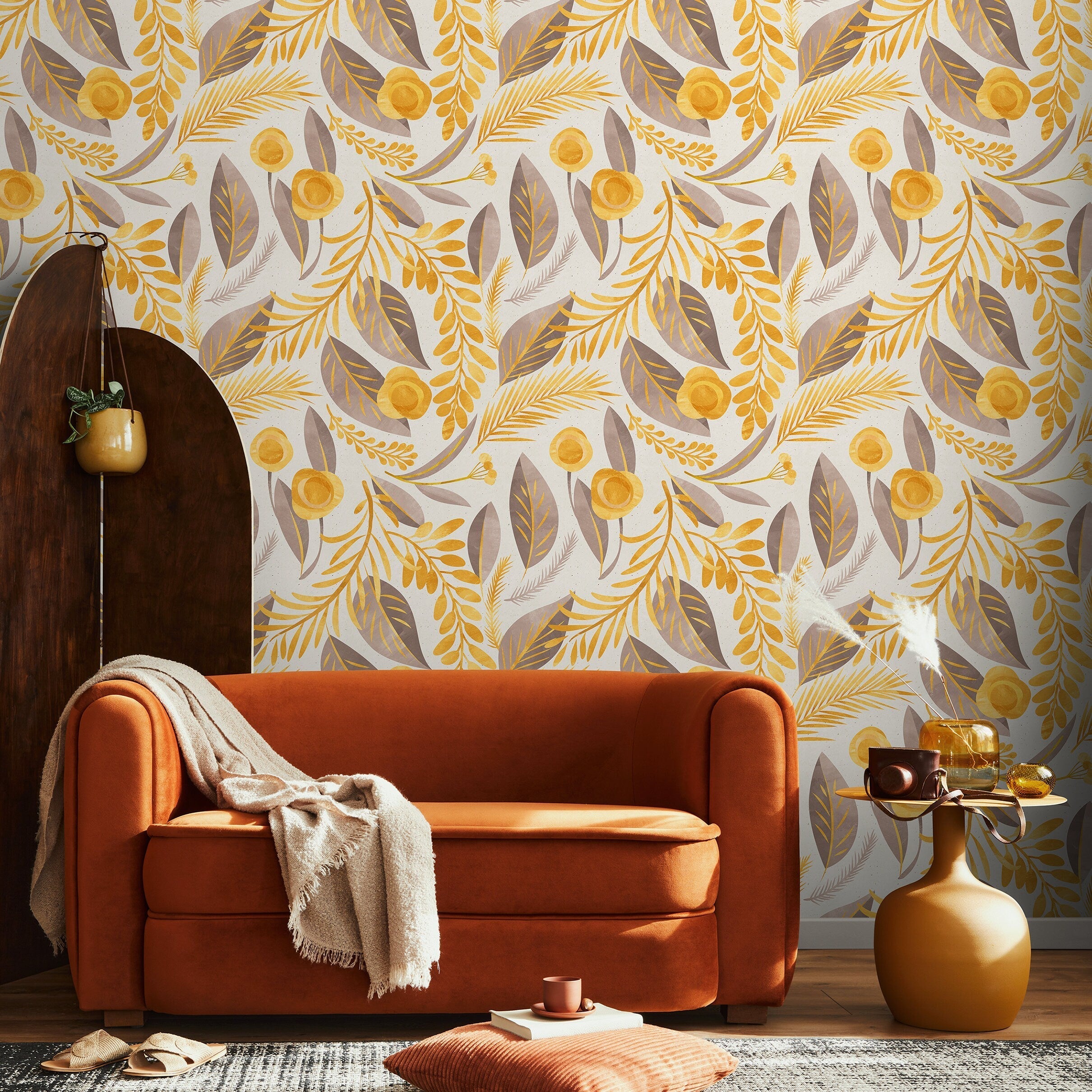 Botanical Wallpaper With Stylized Leaves And Flowers In Yellow And Taupe - A386
