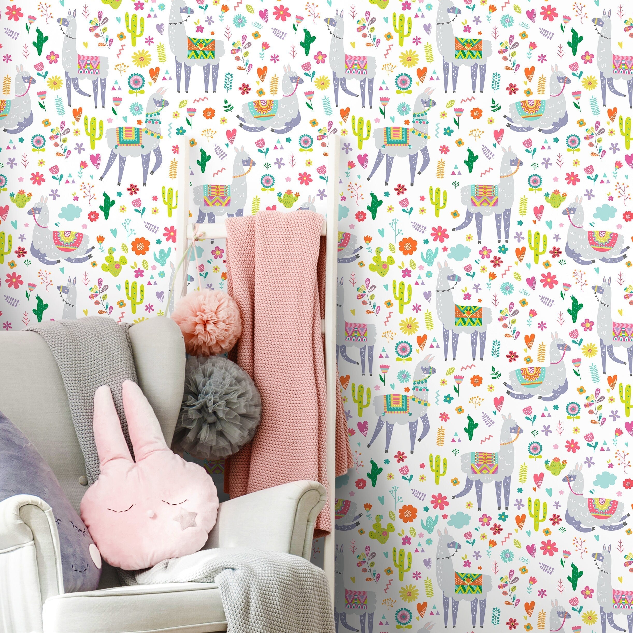 Kids Wallpaper With Whimsical Llamas In Pink, Green, And Orange - A389