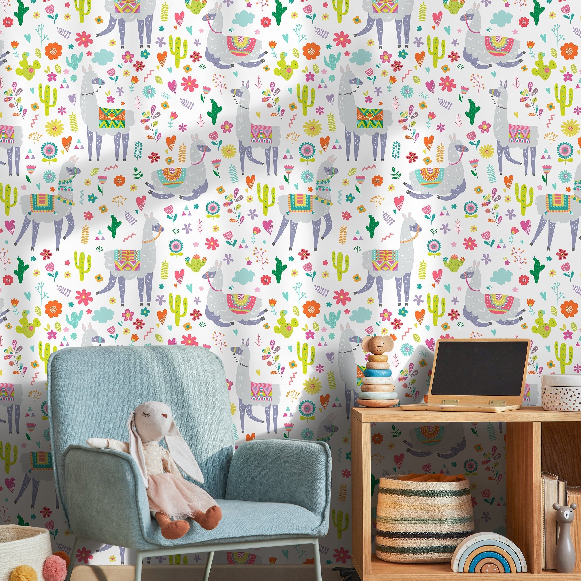 Kids Wallpaper With Whimsical Llamas In Pink, Green, And Orange - A389