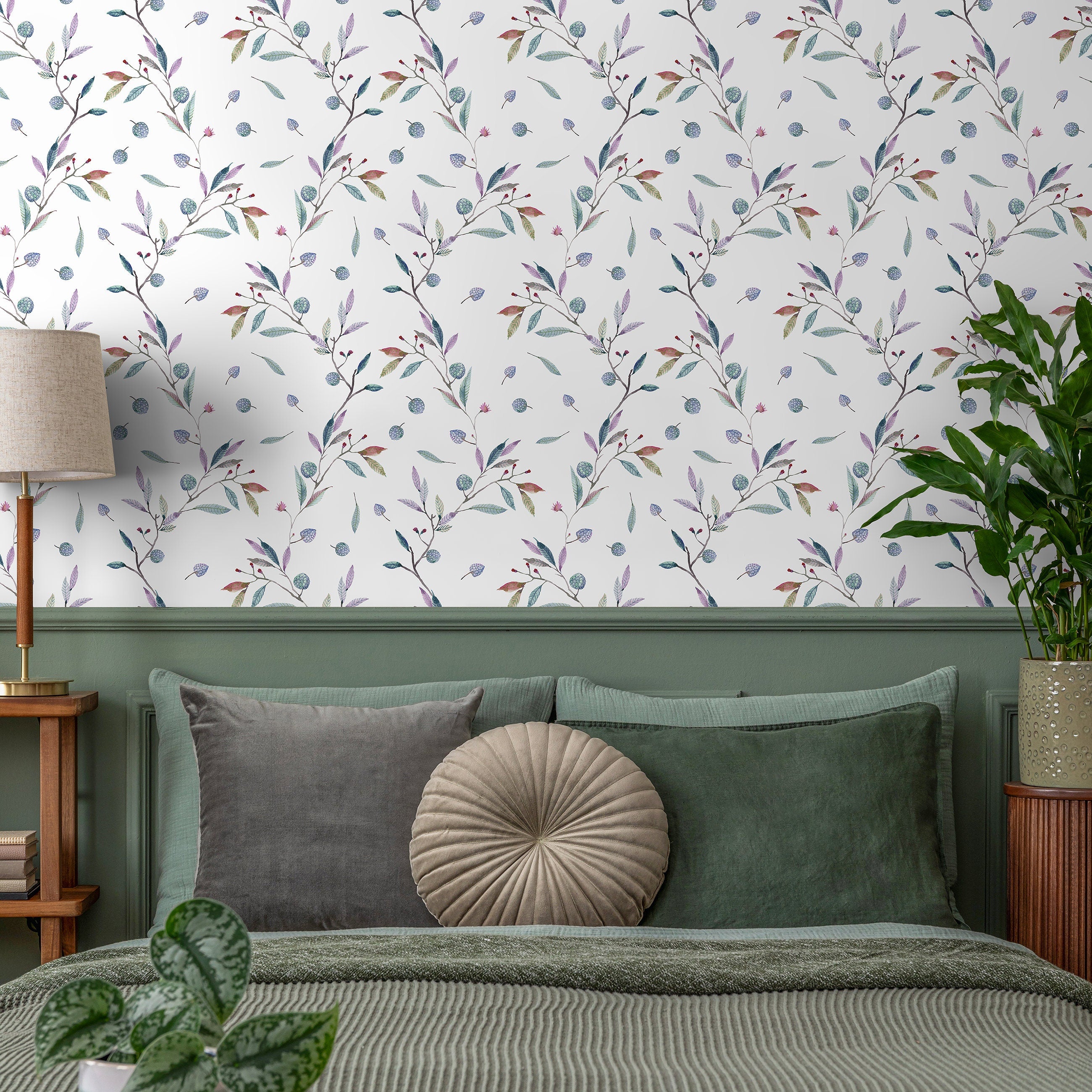 Botanical Wallpaper With A Delicate Berry Branch Motif In Green, Purple, And Red - A391